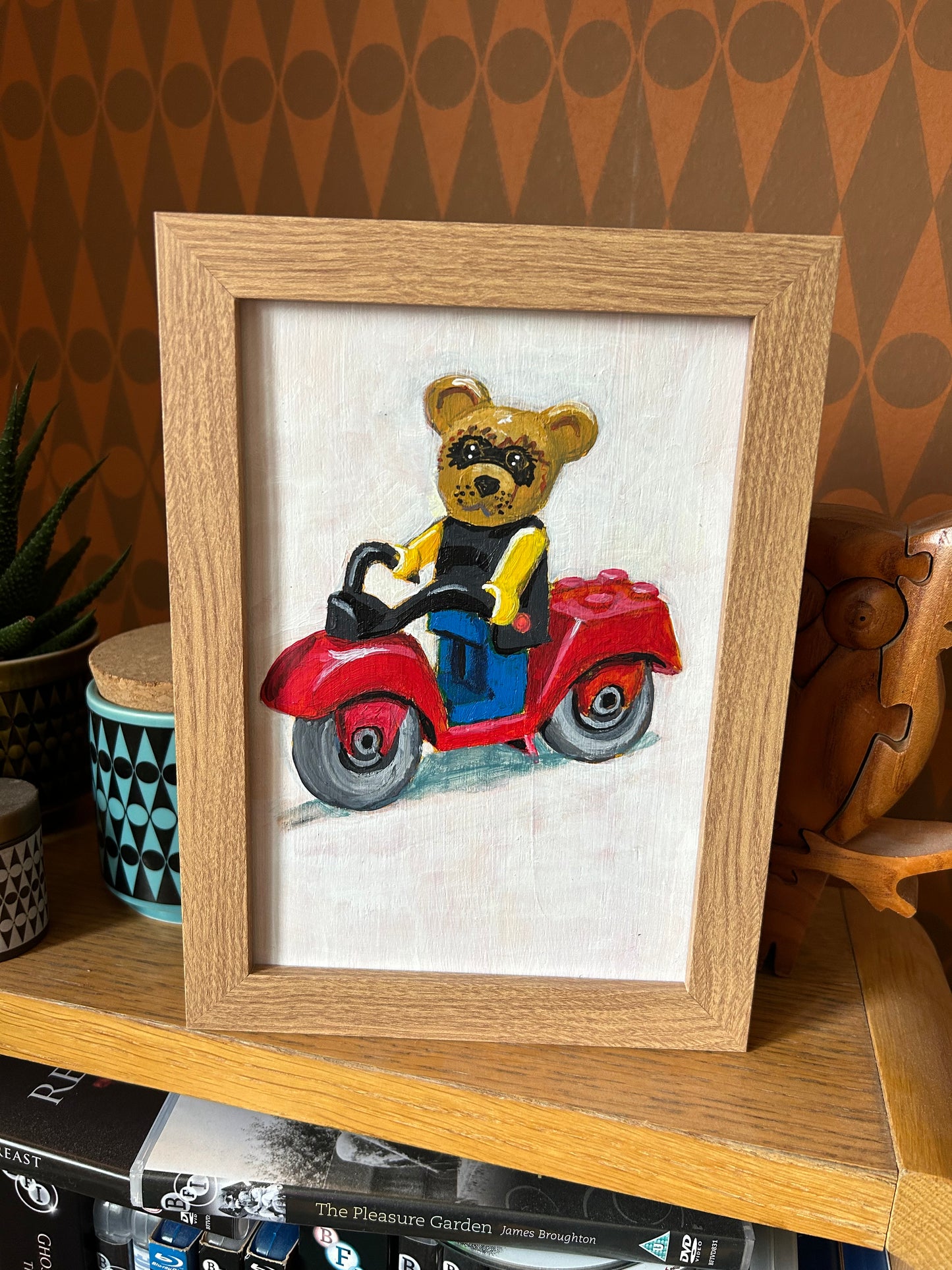 ‘I Will Love You’. Lego 1980’s set 324. Ricky Raccoon. Fabuland. A5 painting. Acrylic on board. Framed. 2025