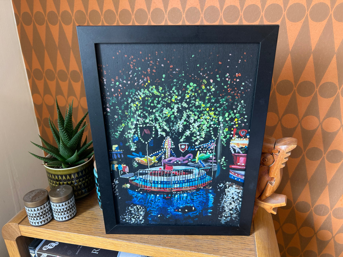‘I never was. I never will be.’ A4 night painting. Acrylic on board. Framed. Fun Fair 2024 08