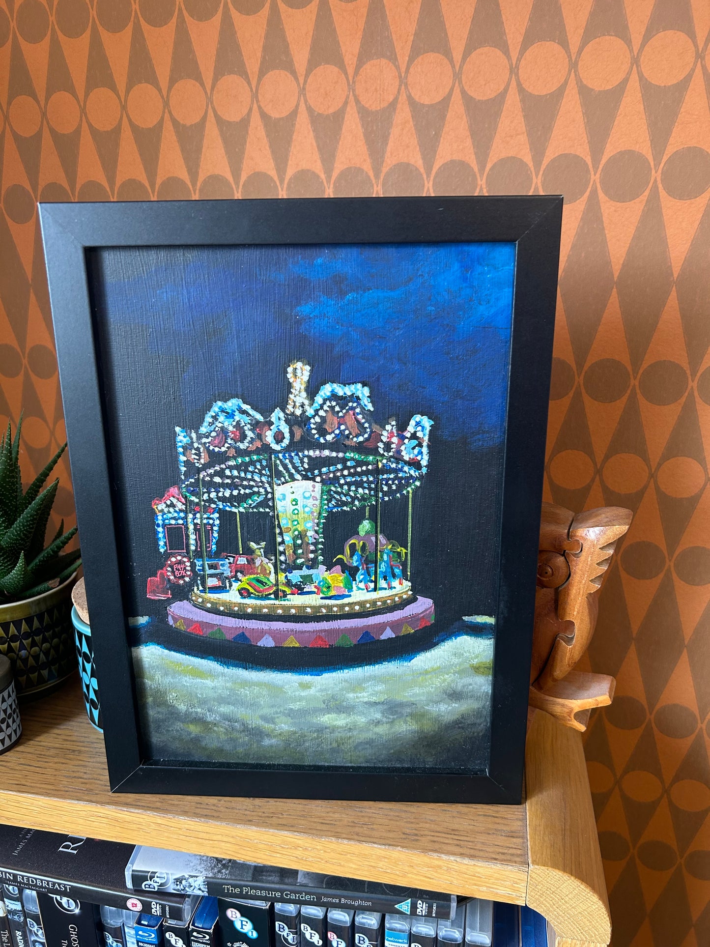 ‘I found them at the bottom of the drawer. Just useless fragments and dust’ A4 night painting. Acrylic on board. Framed. Fun Fair 2024 15