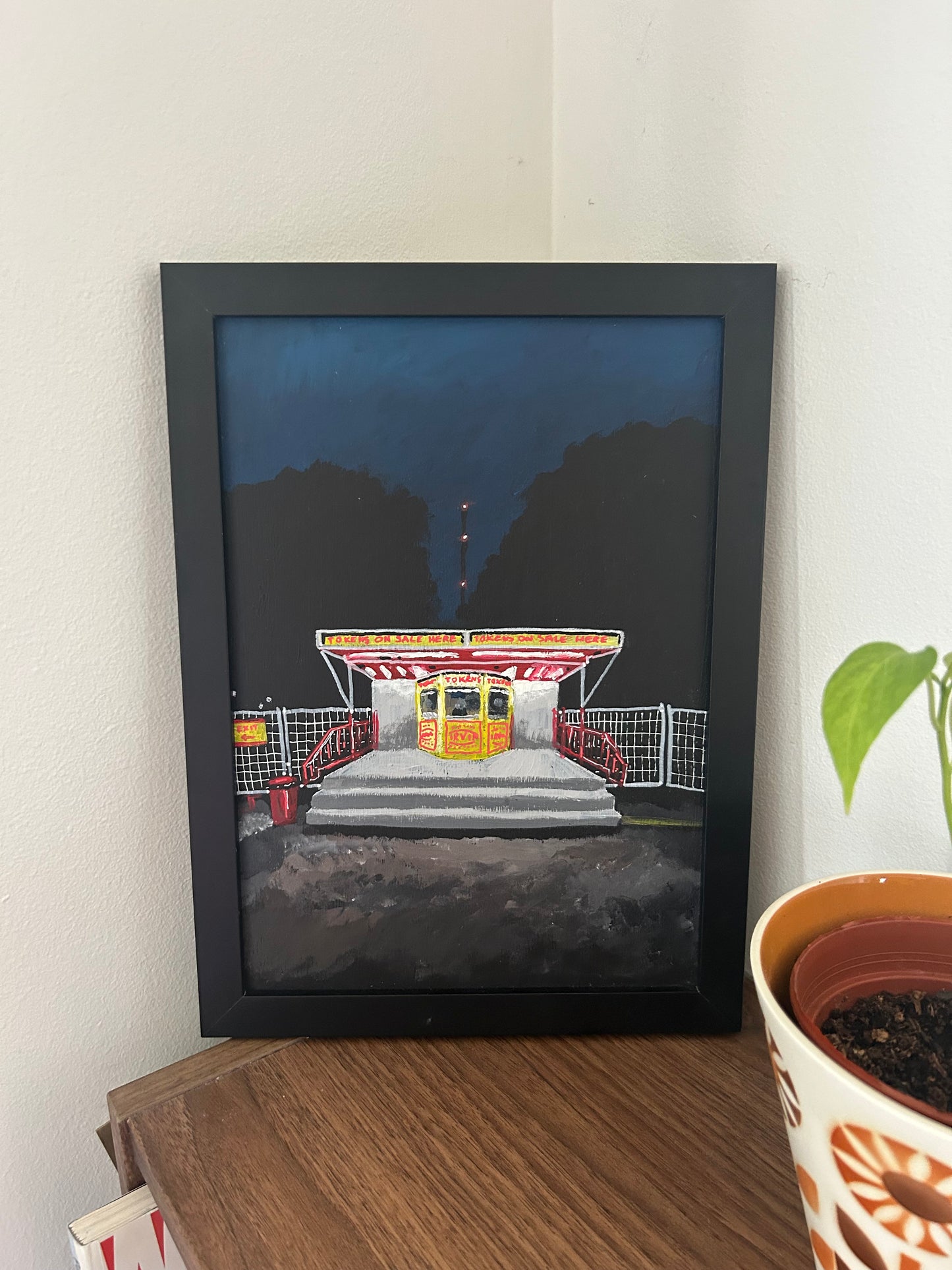‘I see the lights, I love the lights.’ A4 night painting. Acrylic on board. Framed. Fun Fair 2024 06