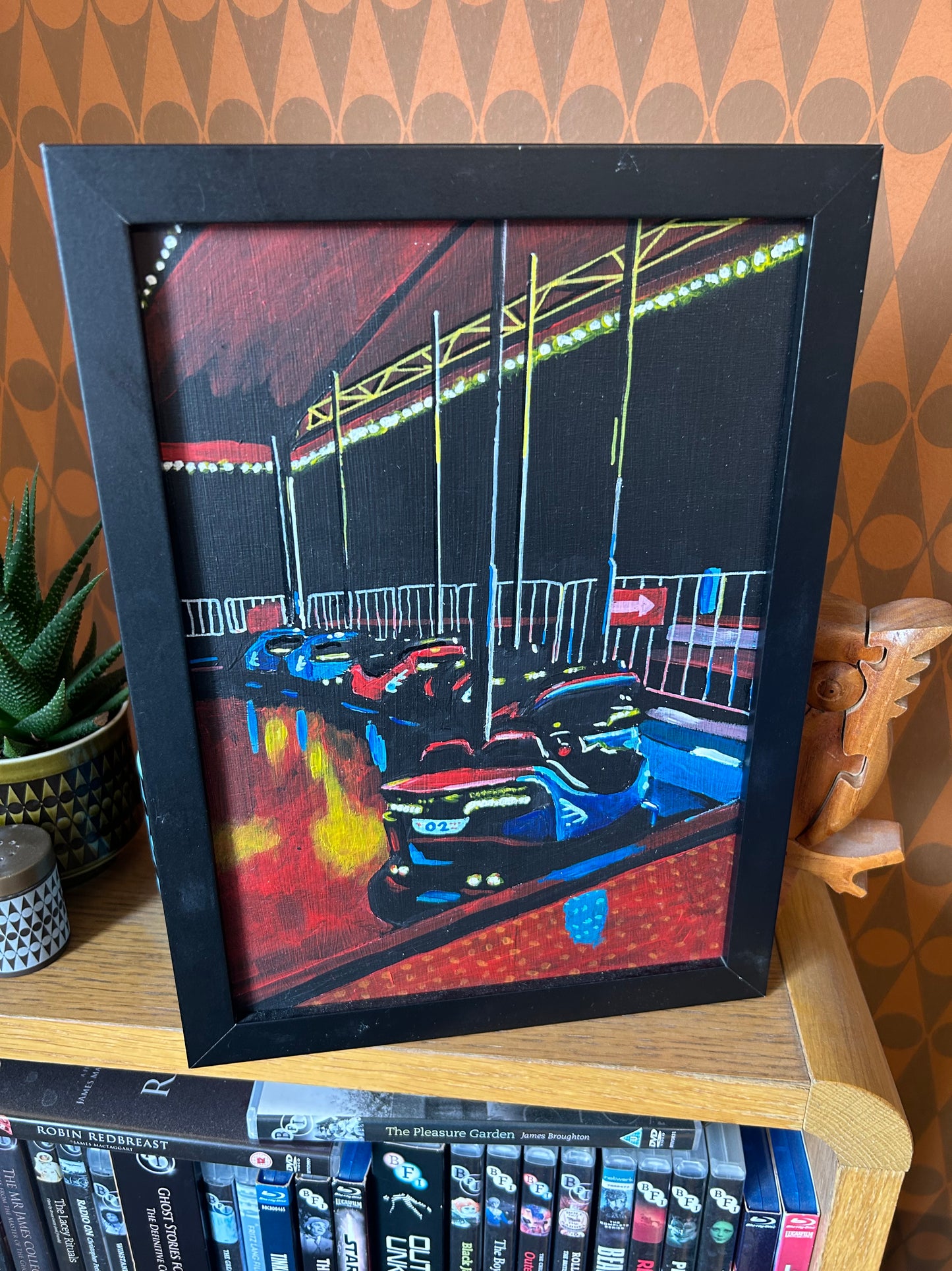 ‘There were trees everywhere. I got so lost’ A4 night painting. Acrylic on board. Framed. Fun Fair 2024 13