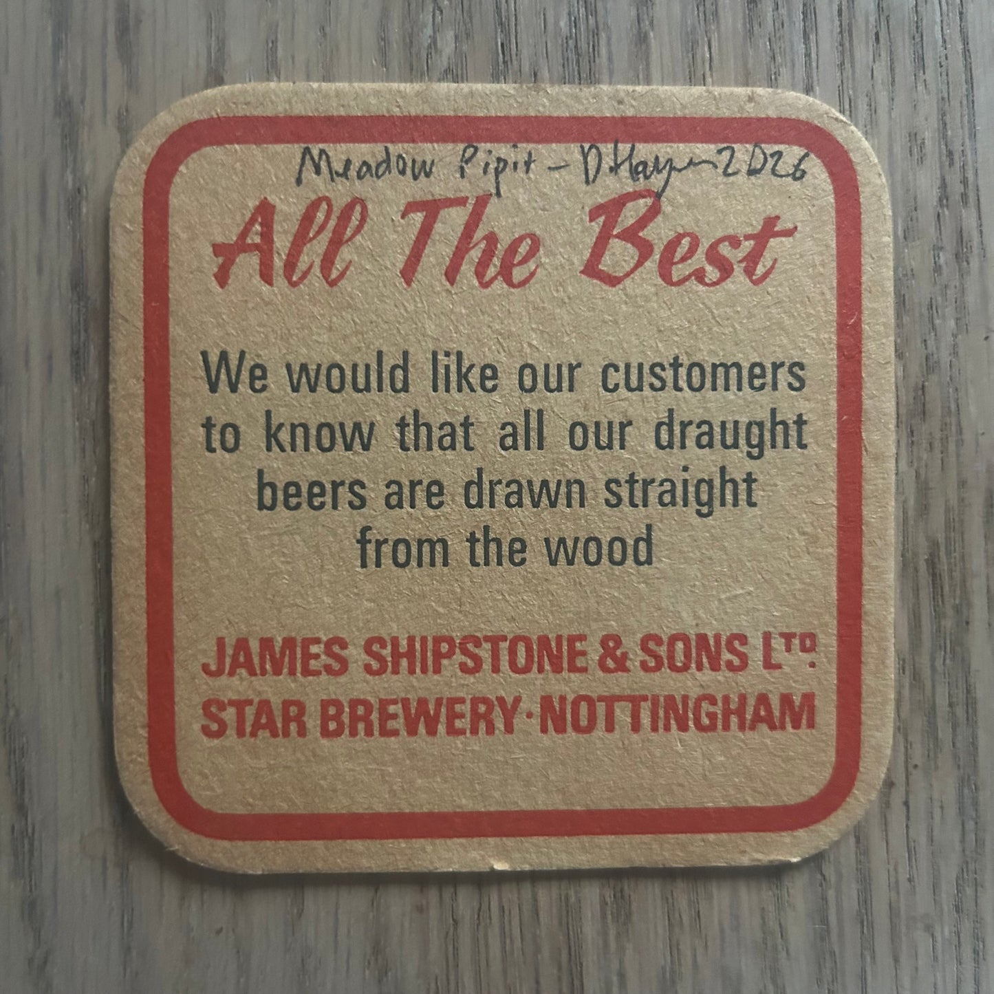 A Meadow Pipit painted onto a Shipstone Pale Ale beer mat from 1967. Beermat painting. Watercolour.