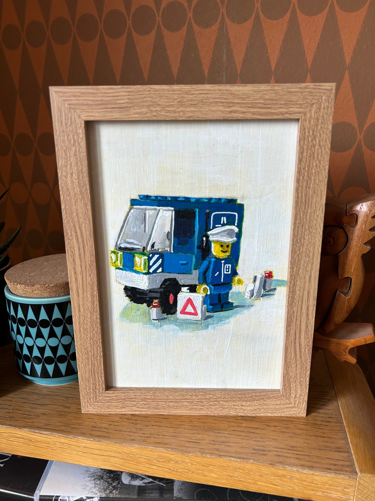 ‘I Will Stop You’. Lego 1980 set 6653. A5 painting. Acrylic on board. Framed. 2025