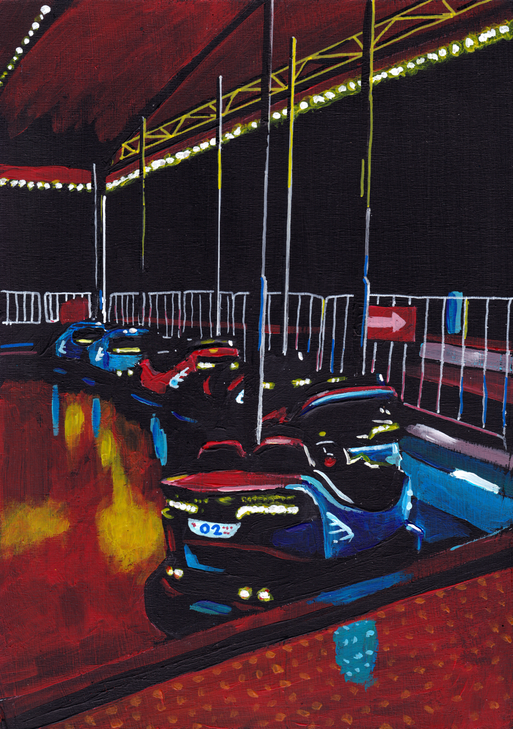 ‘There were trees everywhere. I got so lost’ A4 night painting. Acrylic on board. Framed. Fun Fair 2024 13