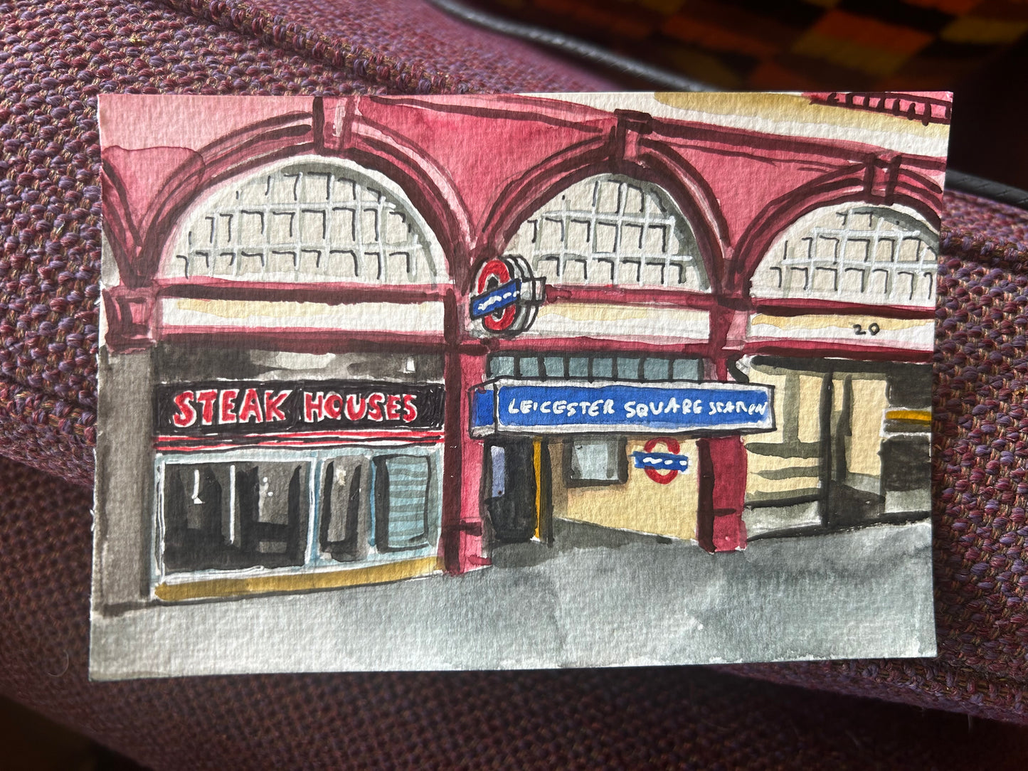 Leicester Square Underground Station. London. Postcard painting. Watercolour.