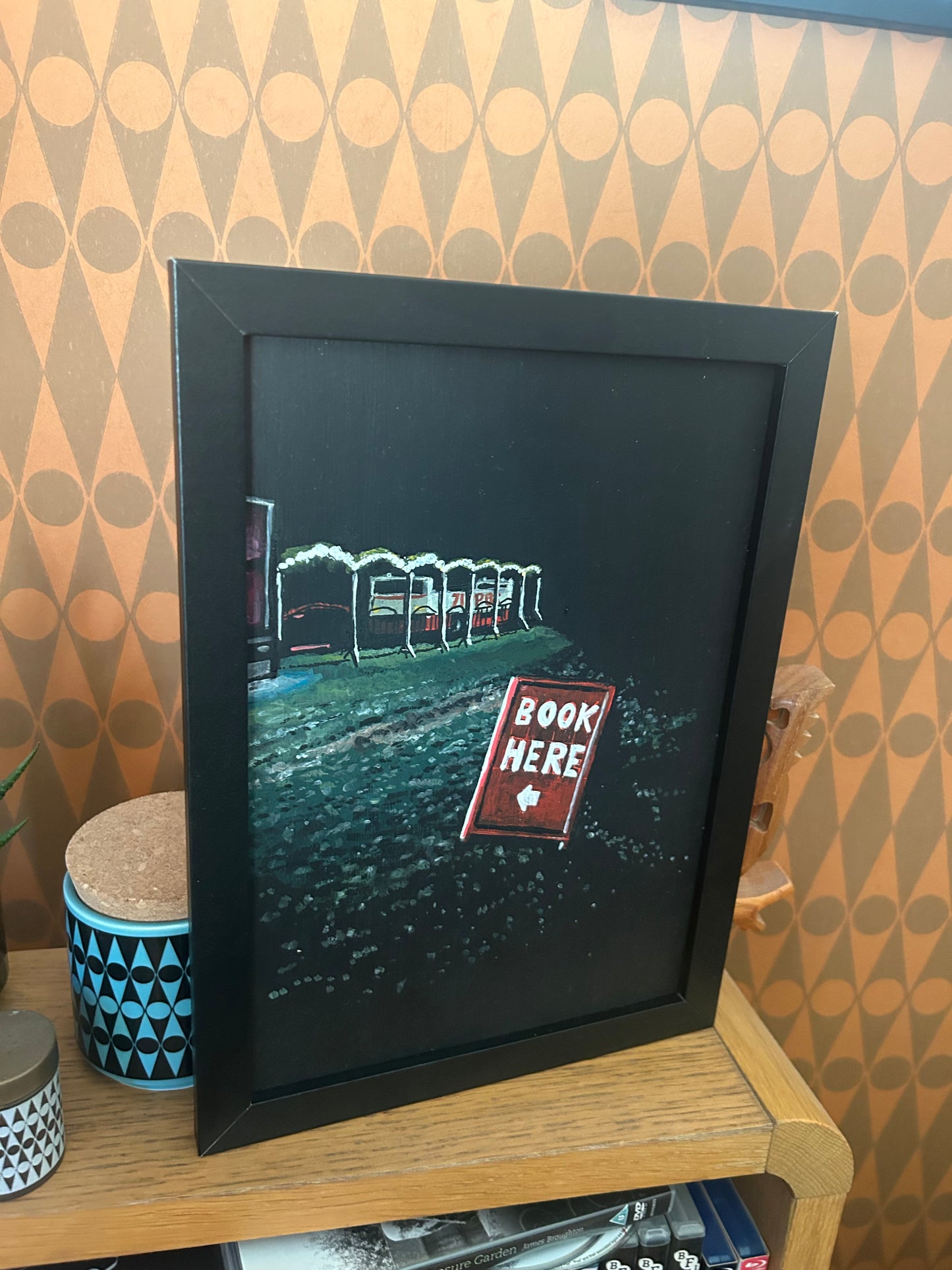‘What is it you need from me? What can I do for you exactly?’ A4 night painting. Acrylic on board. Framed. Fun Fair 2024 21