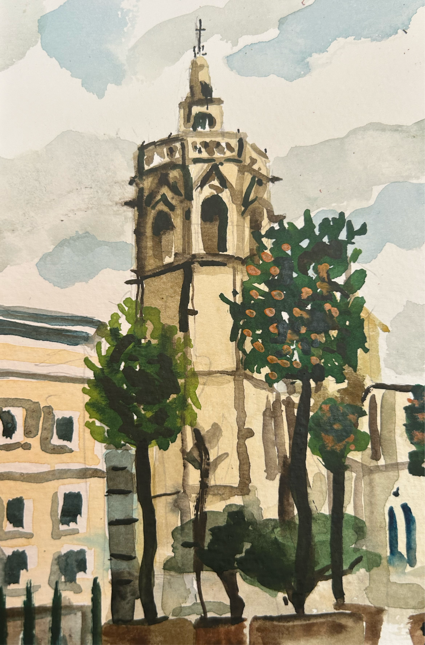 Valencia cathedral from Placa De La Reina. Postcard painting.