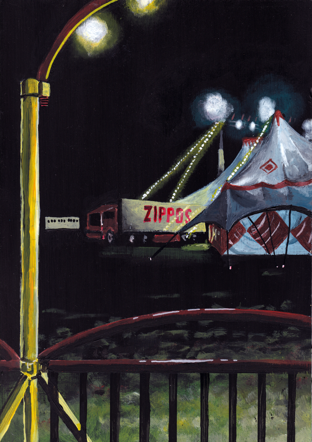‘I don’t know, I honestly don’t know.’ A4 night painting. Acrylic on board. Framed. Fun Fair 2024 27