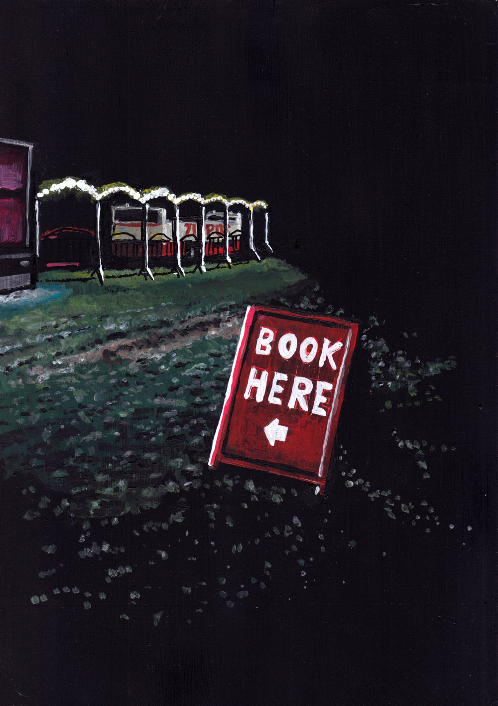 ‘What is it you need from me? What can I do for you exactly?’ A4 night painting. Acrylic on board. Framed. Fun Fair 2024 21
