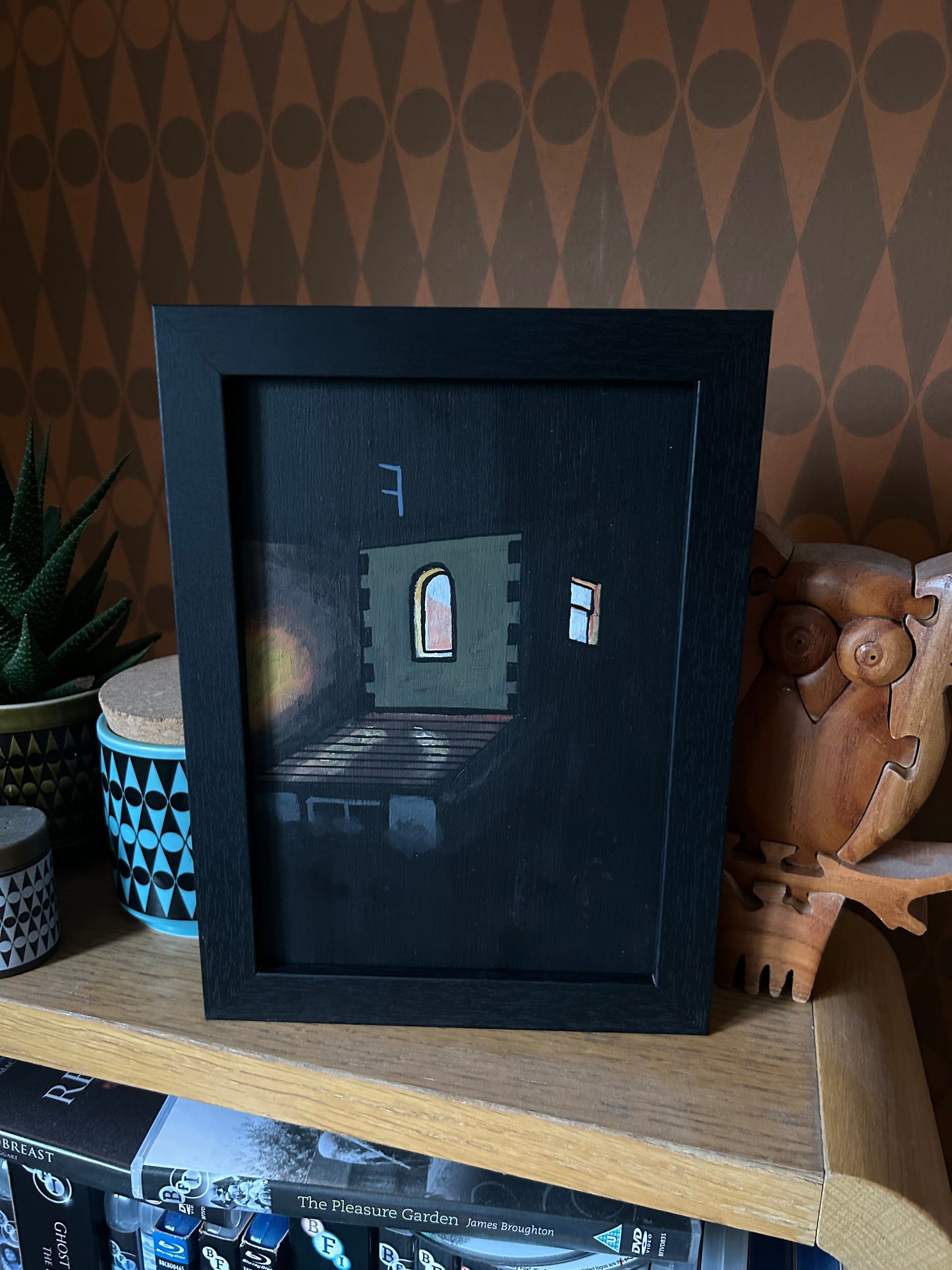 ‘You will stop being afraid’ A5 night painting. Acrylic on board. Framed. 2025 28