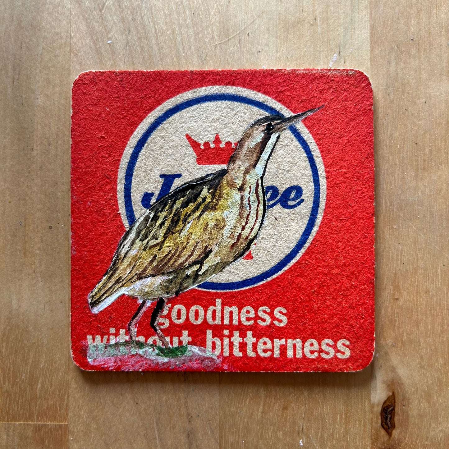 A Bittern painted onto a Jubilee beer mat from the 1960s. Beermat painting. Watercolour.