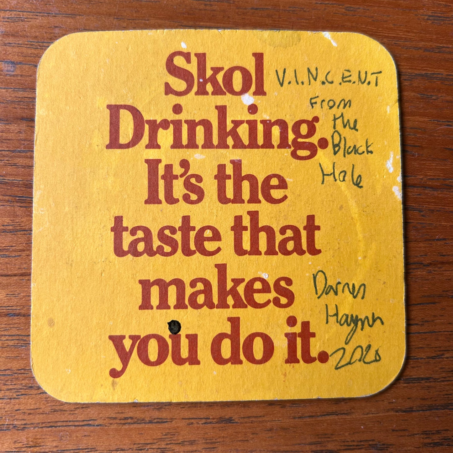 Old Bob and V.I.N.C.E.N.T (from the Black Hole movie) painted on two Skol lager Beermats. Beermat paintings. Watercolour.