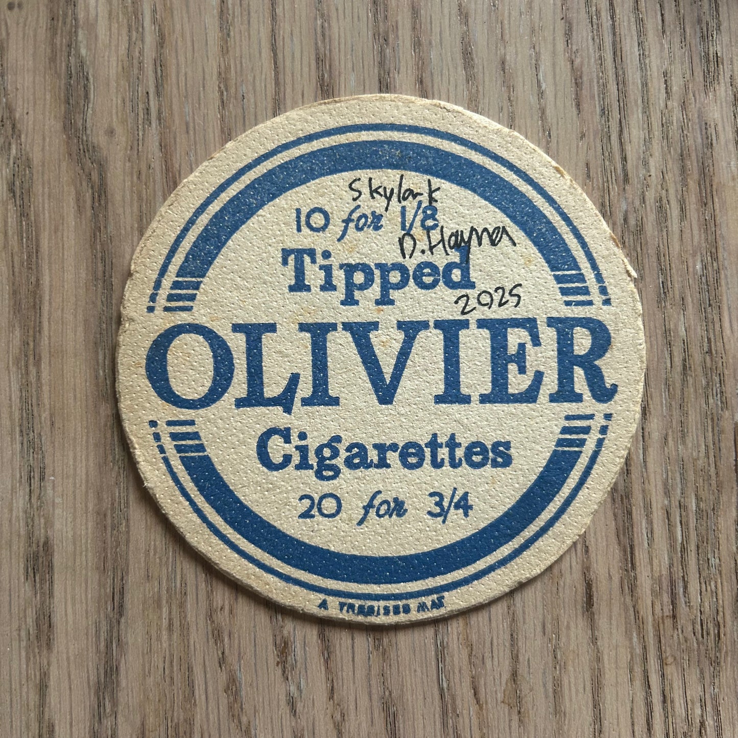 A Skylark painted onto an Oliver’s cigarettes drinks mat from the 1950s. Beermat painting. Watercolour.