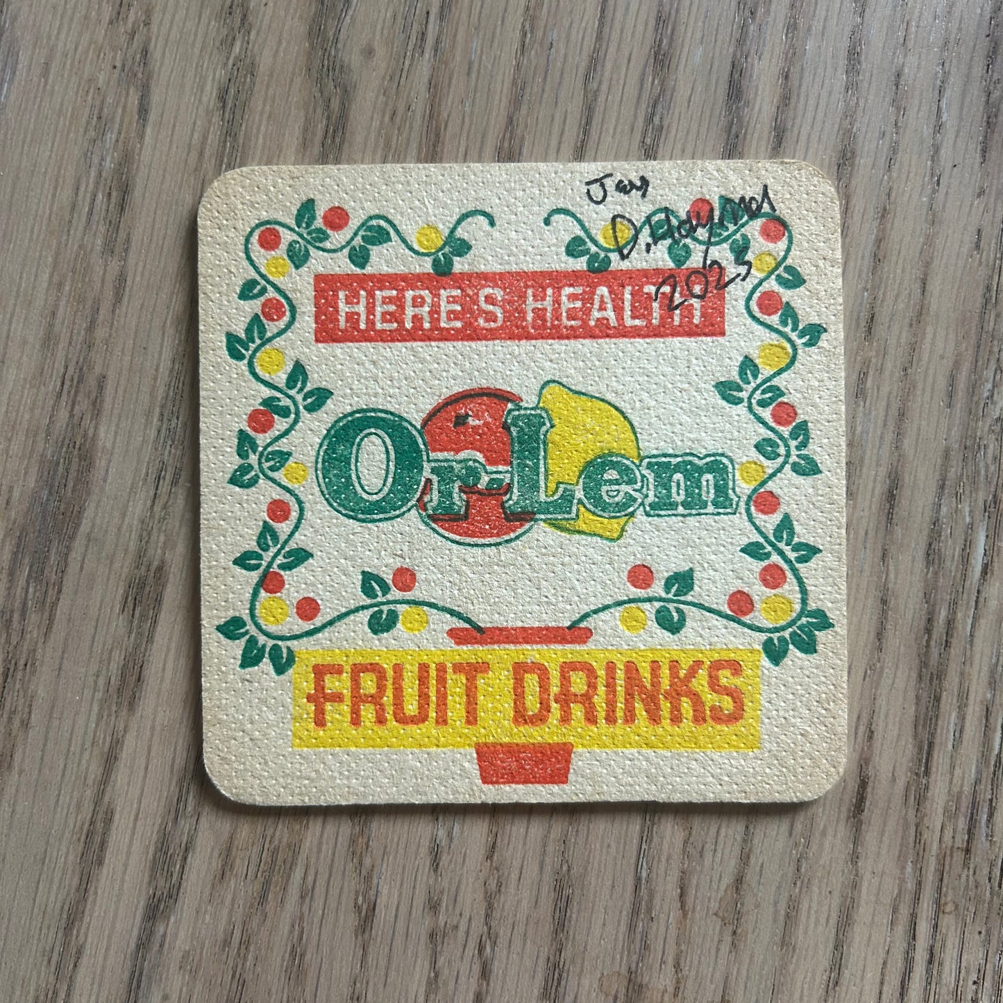 A Jay painted onto a Or-Lem fruit drinks drinks mat from the 1950s. Beermat painting. Watercolour.