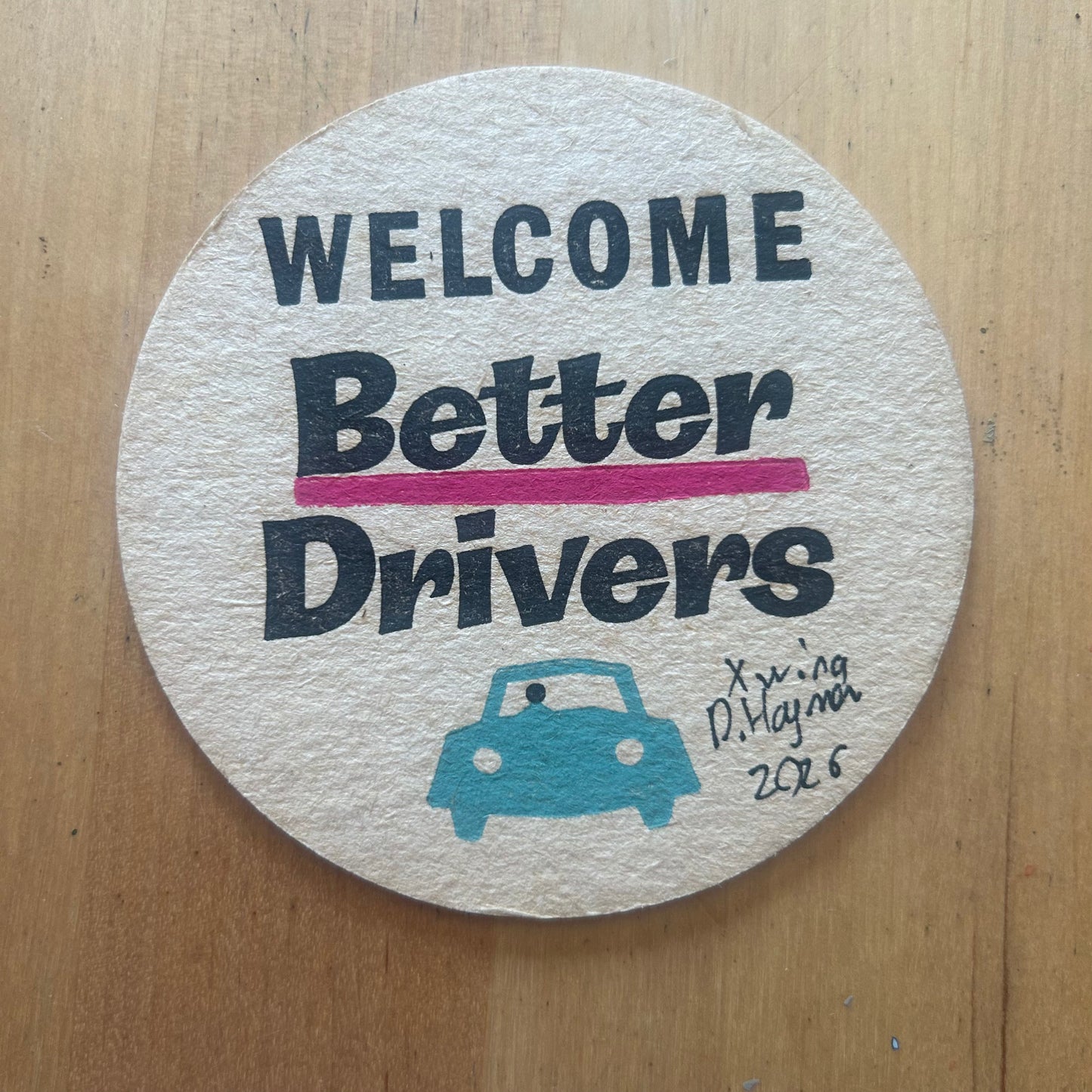 An X-Wing painted on a ‘Be a Better Driver’ Beermat from the 1950s. Beermat painting. Watercolour.