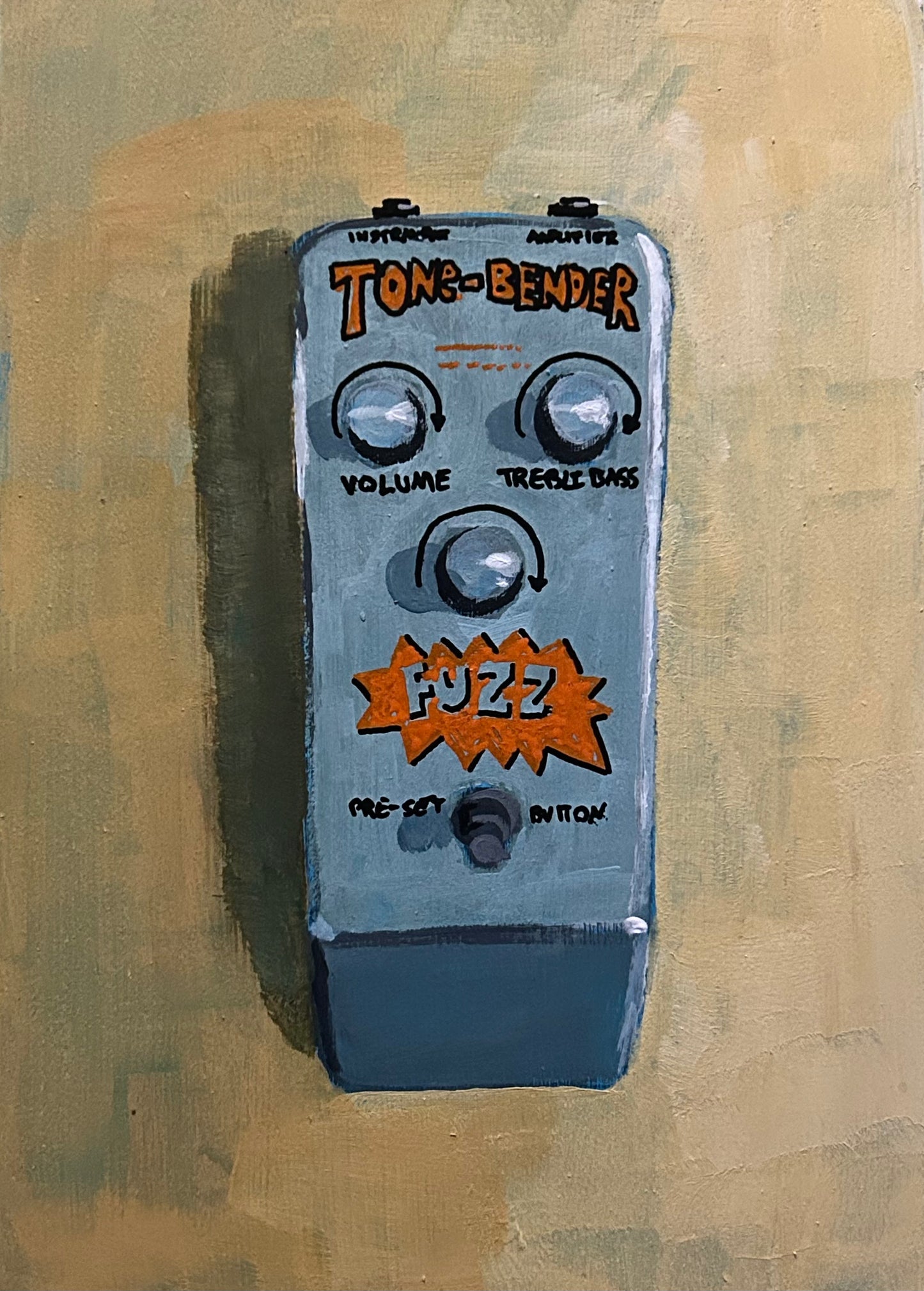 Tone Bender. Painting of guitar effects pedal. Acrylic on board. Framed. 2025