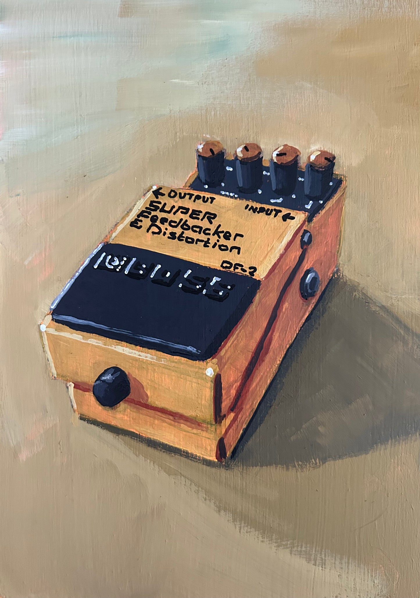 Guitar effects pedal. Painting of Boss Super Feedbacker and Distortion effects pedal. Acrylic on board. Framed. 2025