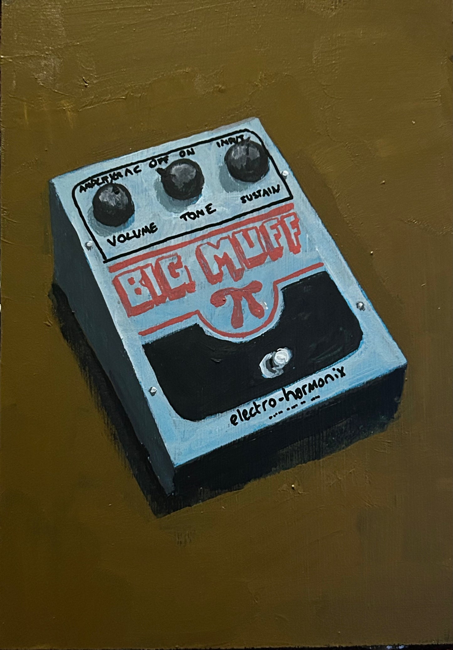 Big Muff. Painting of Electro-Harmonix guitar effects pedal. Acrylic on board. Framed. 2025