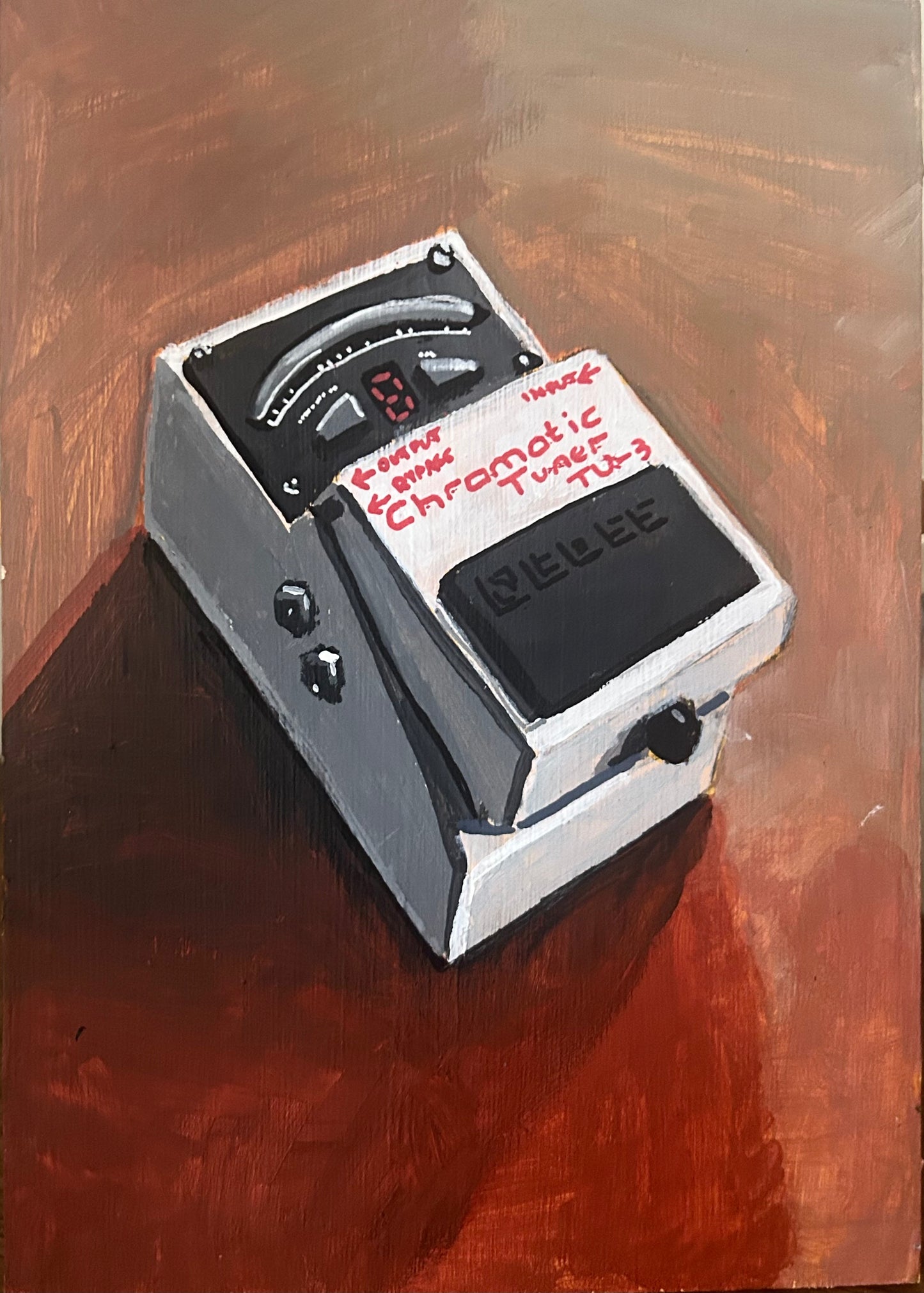 Boss TU-3 chromatic tuner pedal. Painting of guitar effects pedal. Acrylic on board. Framed. 2025