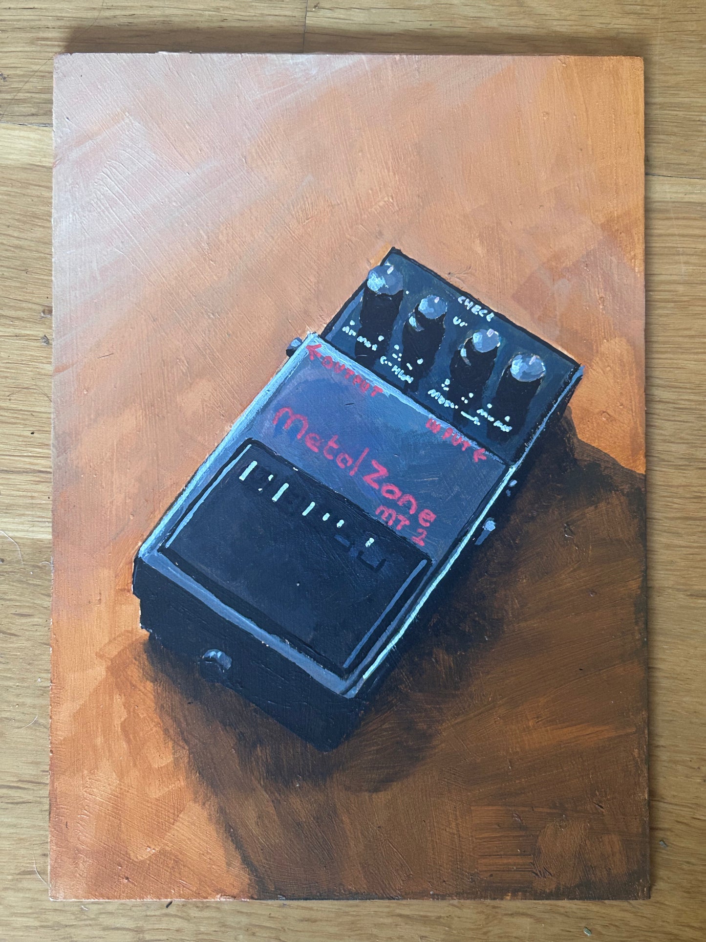 Boss Metal Zone pedal. Painting of guitar effects pedal. Acrylic on board. Framed. 2025