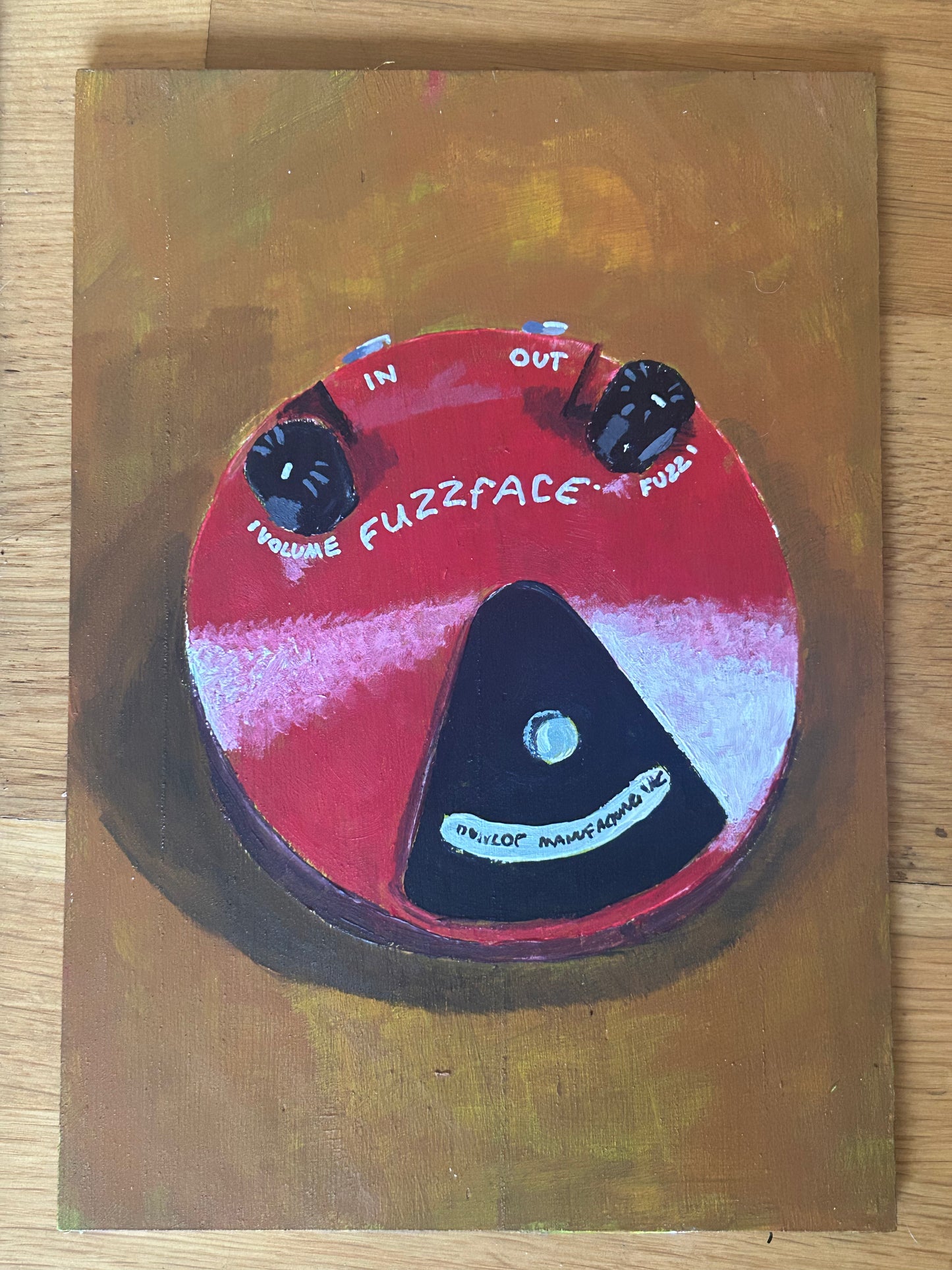 Fuzzface effects pedal. Painting of guitar effects pedal. Acrylic on board. Framed. 2025
