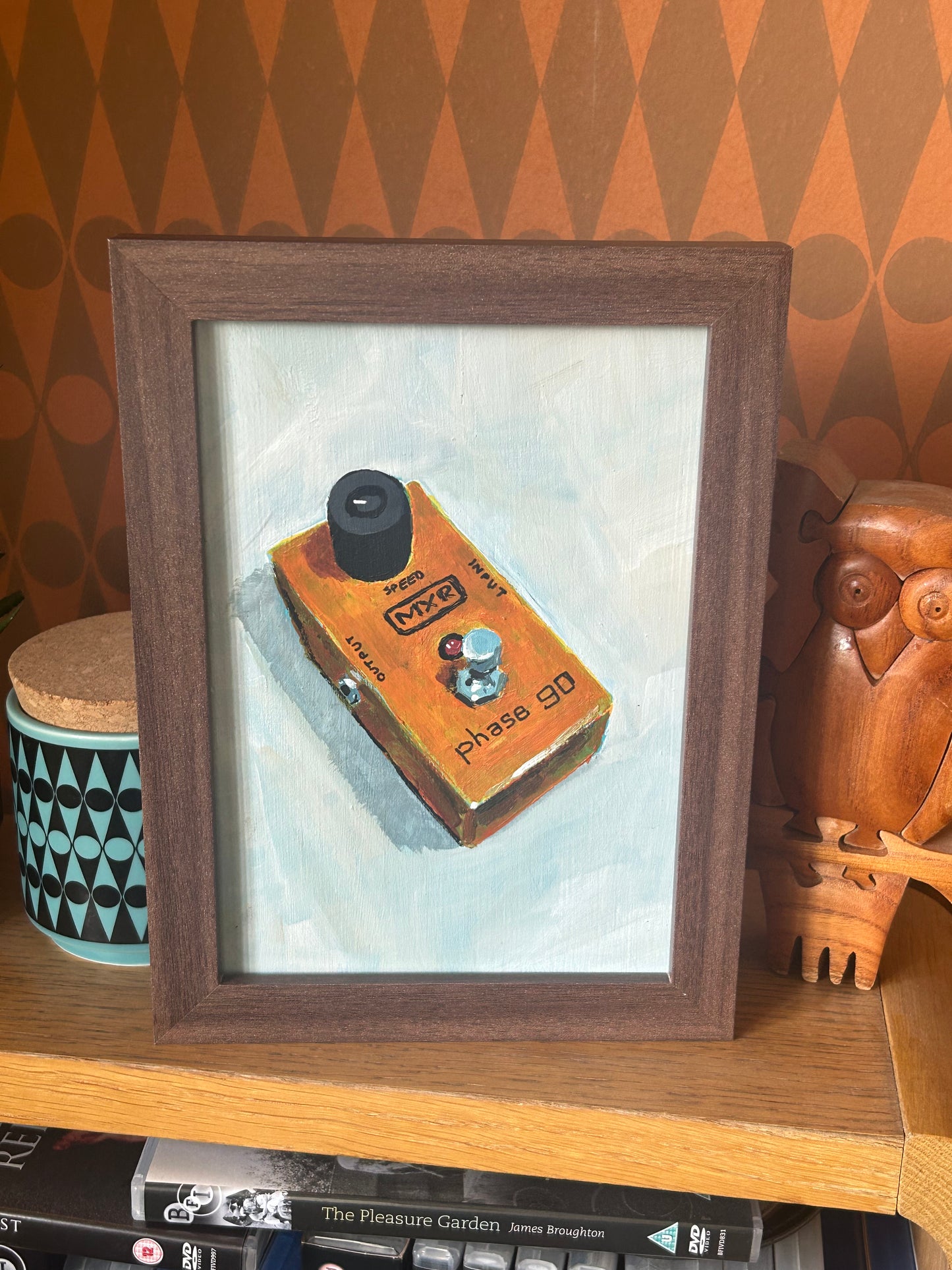 MXR Phase 90 guitar effects pedal. Painting of guitar effects pedal. Acrylic on board. Framed. 2025