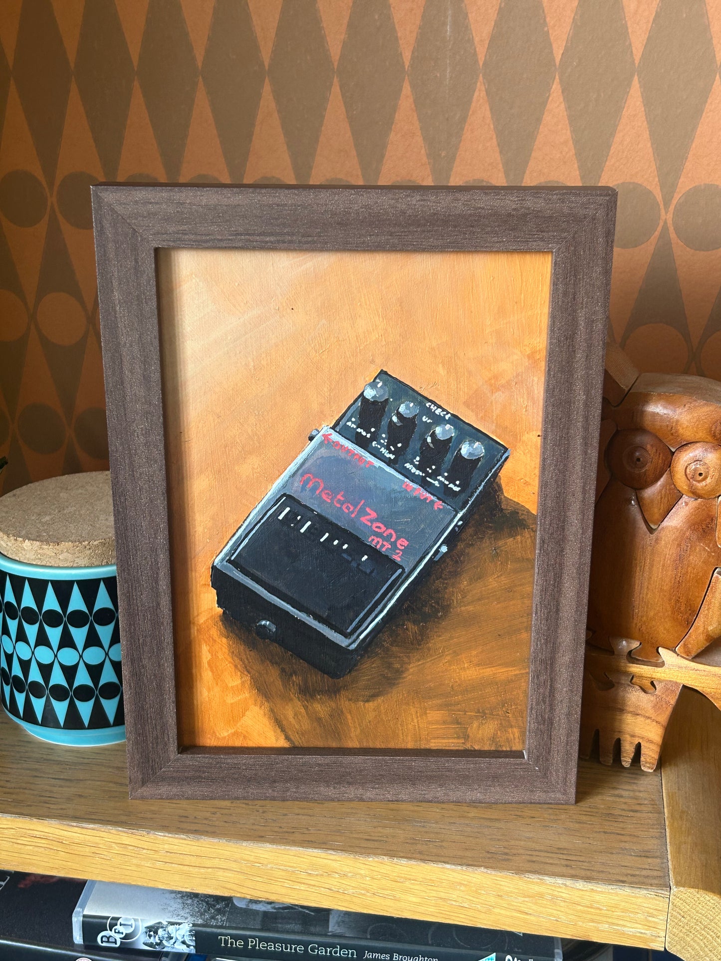 Boss Metal Zone pedal. Painting of guitar effects pedal. Acrylic on board. Framed. 2025