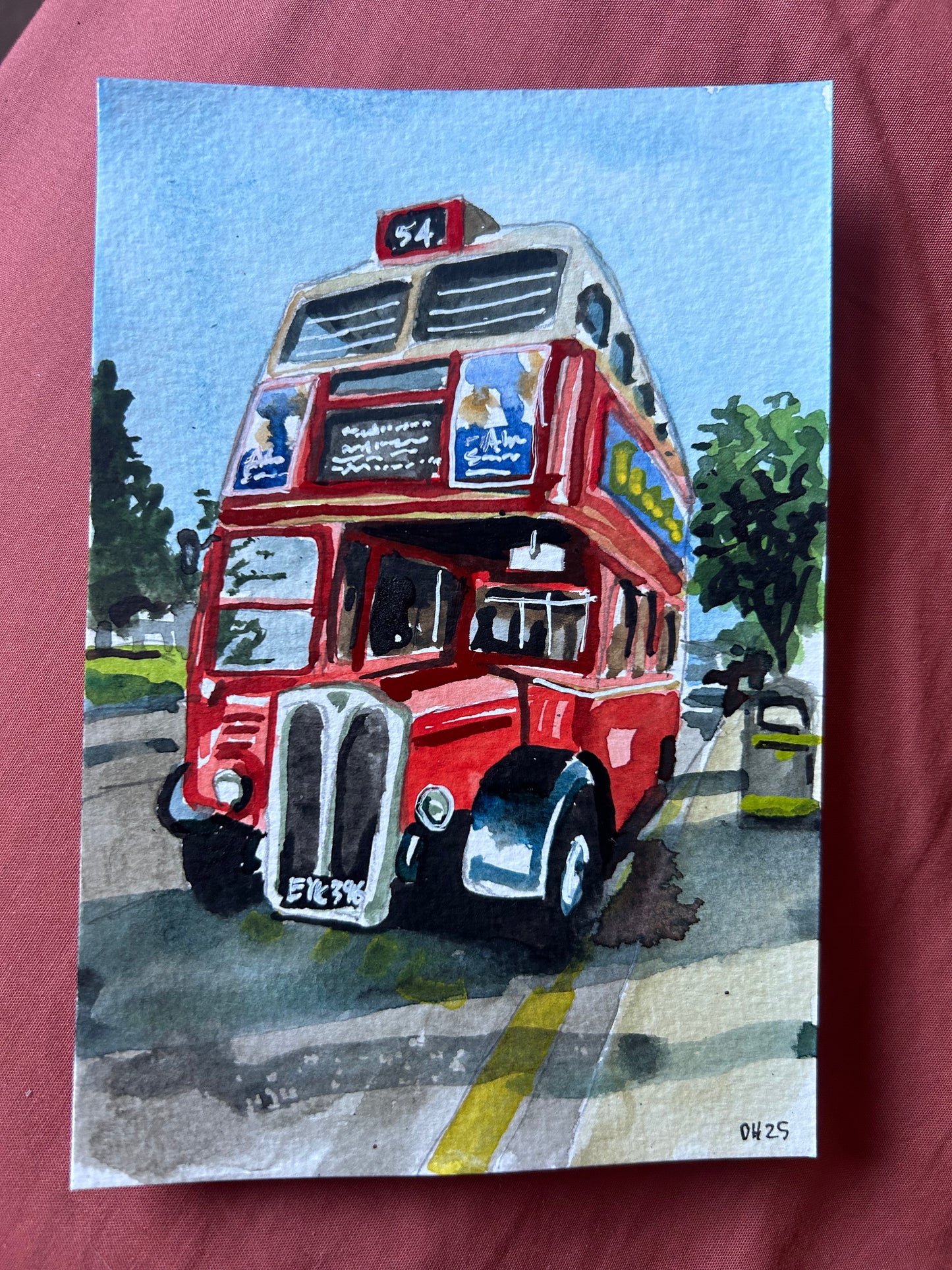 Postcard painting of a London Transport AEC Regent III (RT) type bus. Number 54 Bus. Beckenham. Elmers End.
