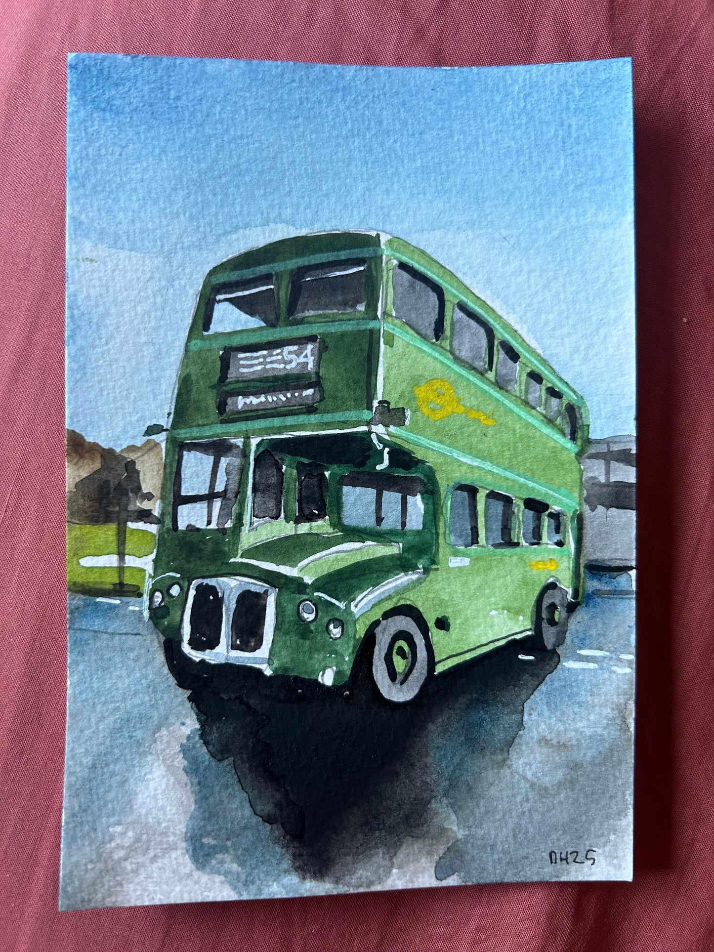 Postcard painting of a ‘Green Line' RMC (Routemaster Coach. Number 54 Bus. Beckenham. Elmers End.