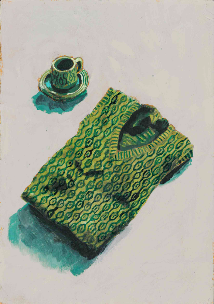 ‘Darren’s Hornsea Jumper’ illustration. Original painting for the book ‘Knit Repair’ by Alexandra Brinck, published by Quadrille/Penguin. Acrylic on A4 hardboard.