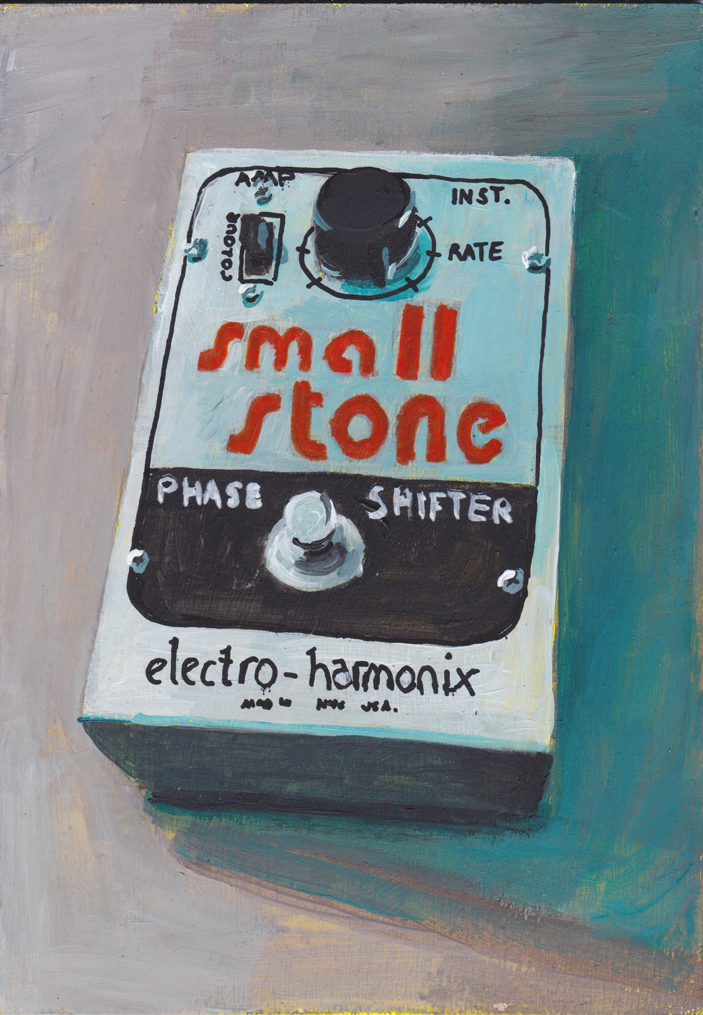 Phase Shifter. Painting of Electro-Harmonix guitar effects pedal. Acrylic on board. Framed. 2025