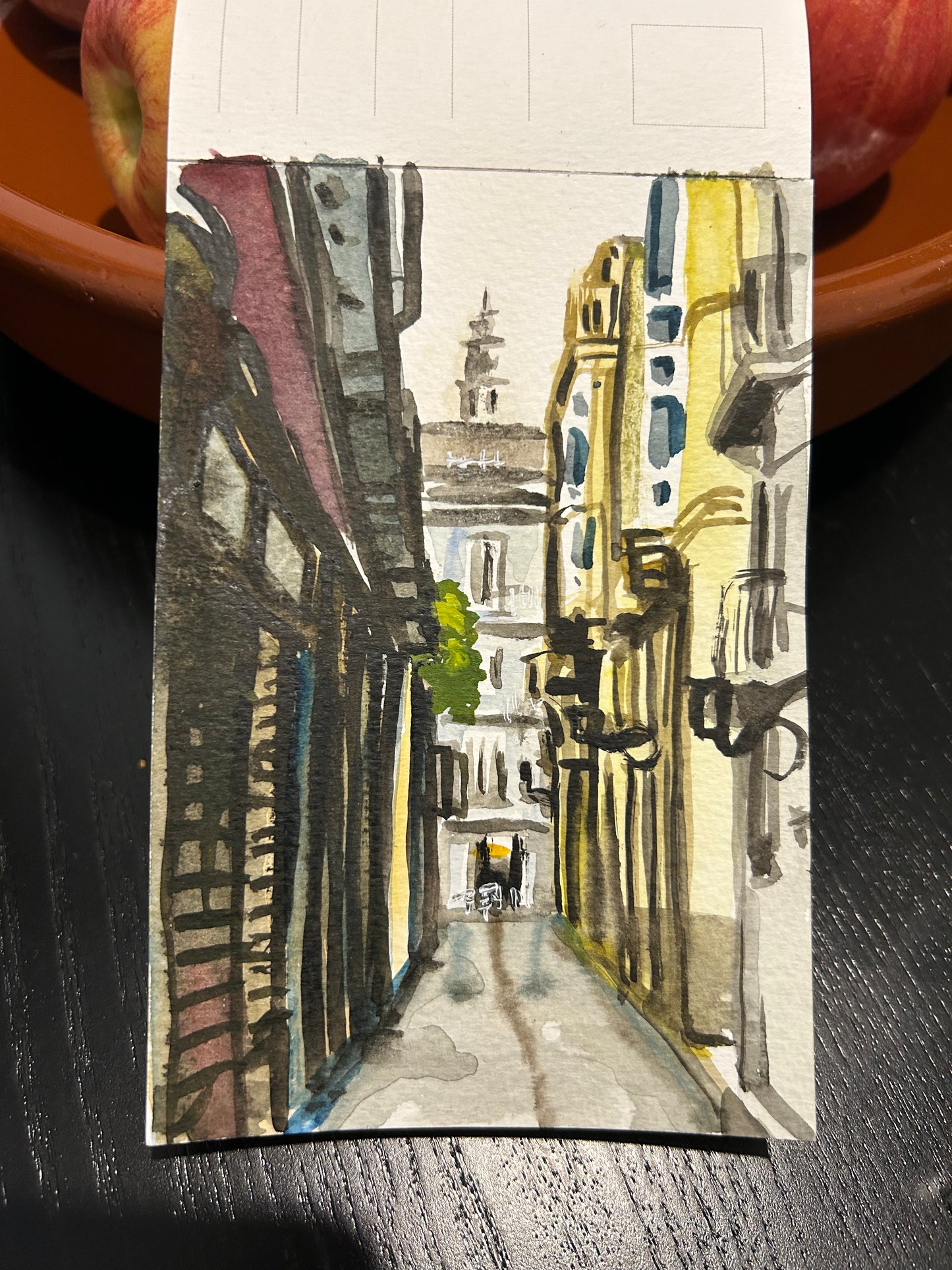 Street scene in Valencia. Postcard painting.