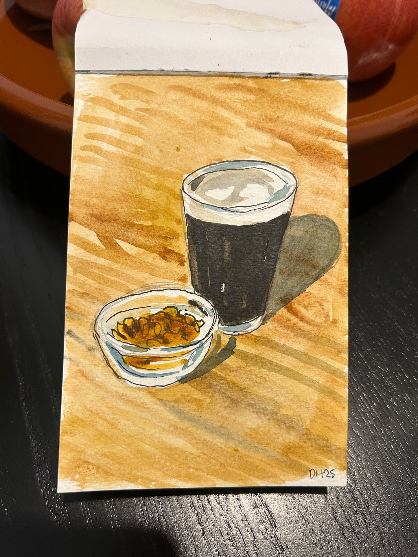 Glass of stout in Valencia. Postcard painting.
