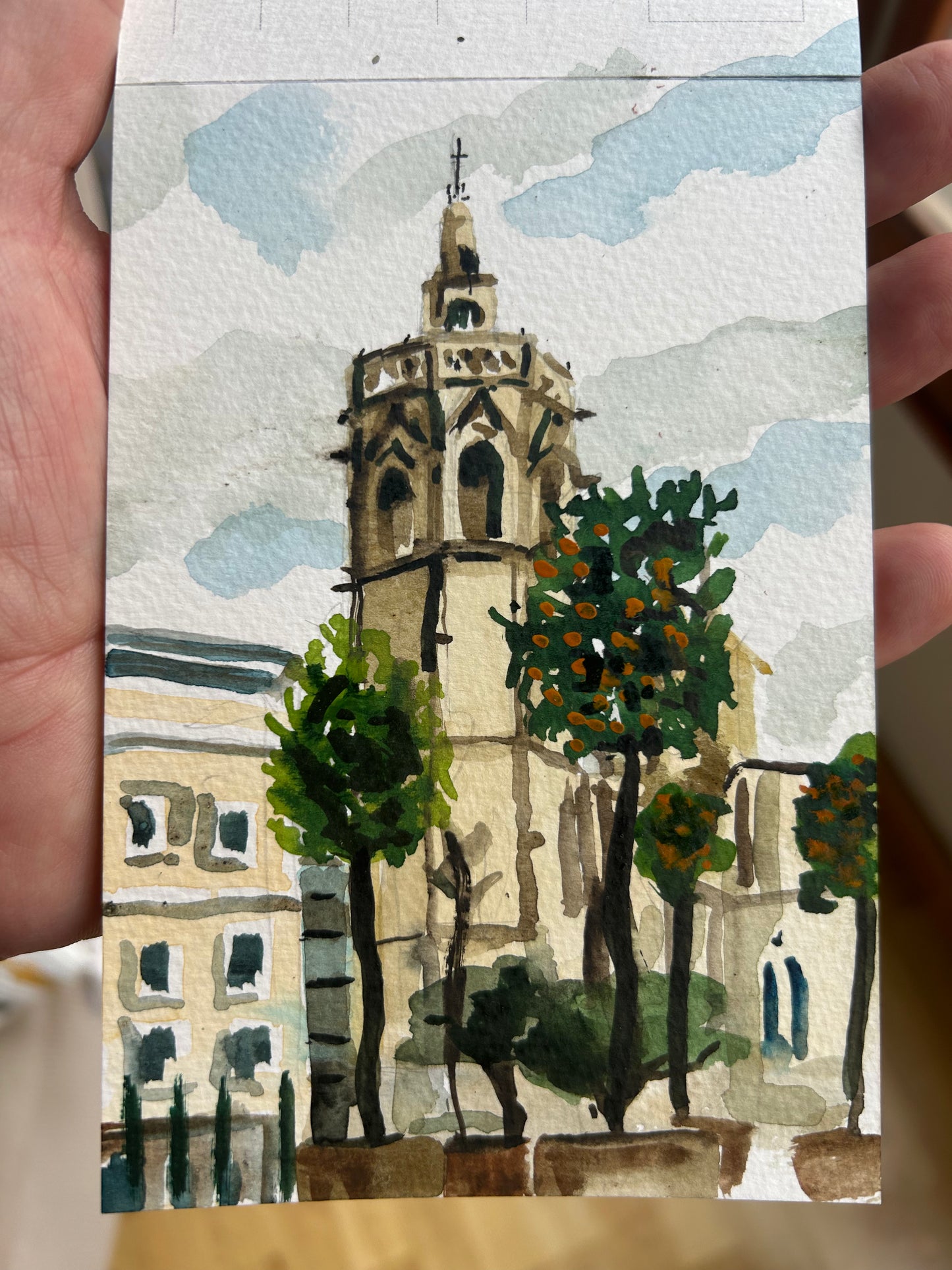 Valencia cathedral from Placa De La Reina. Postcard painting.