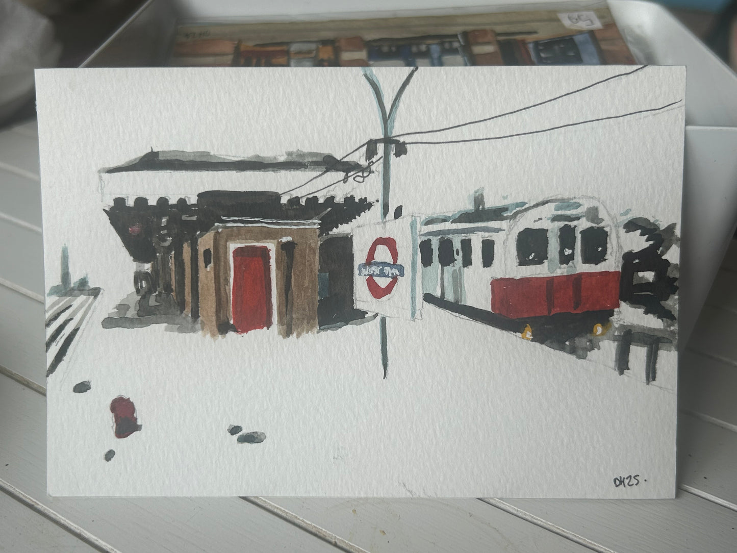 West Ham (1990) London Underground Station. Postcard painting. Watercolour.