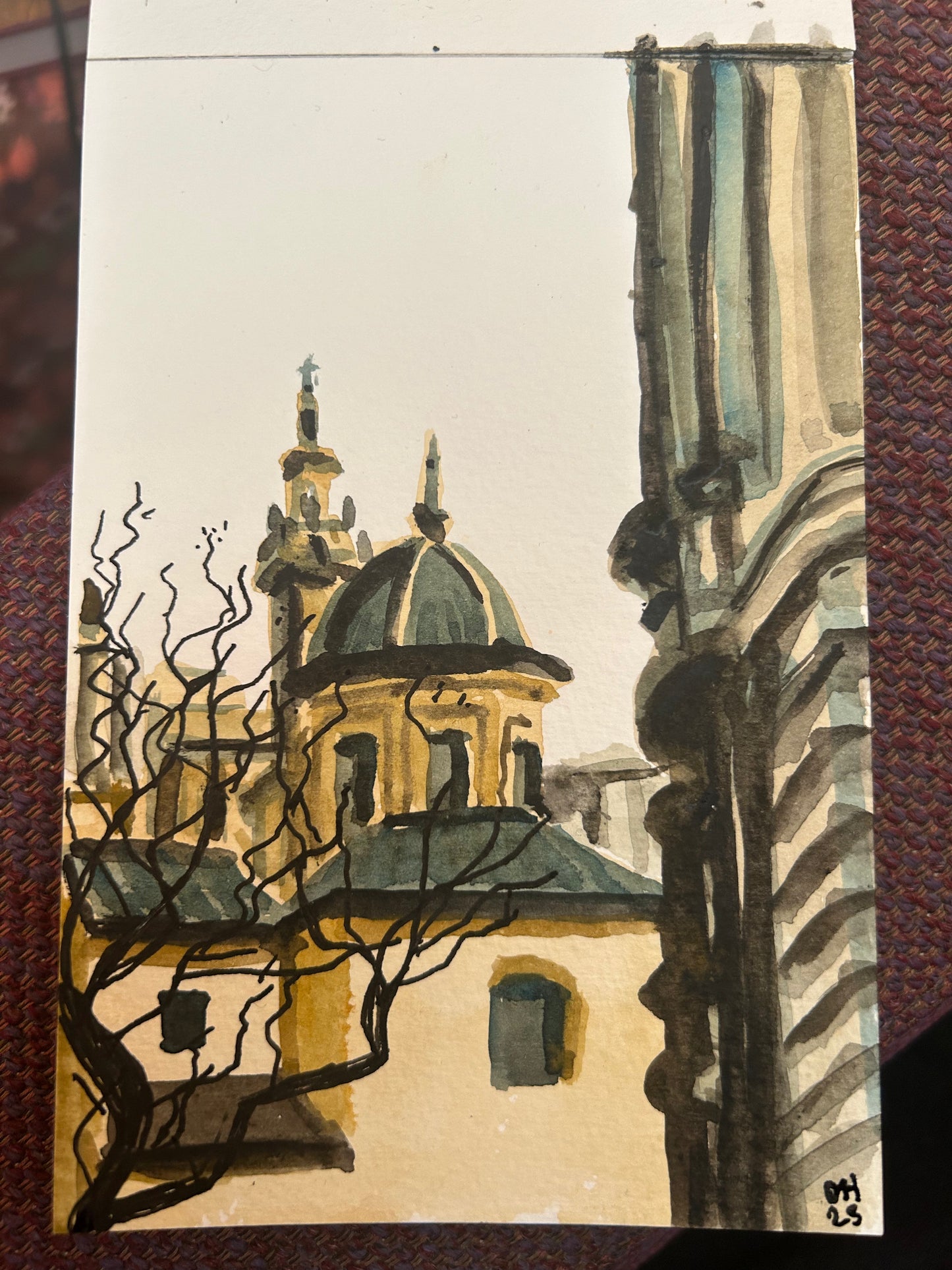 Church roofs in Valencia. Postcard painting.