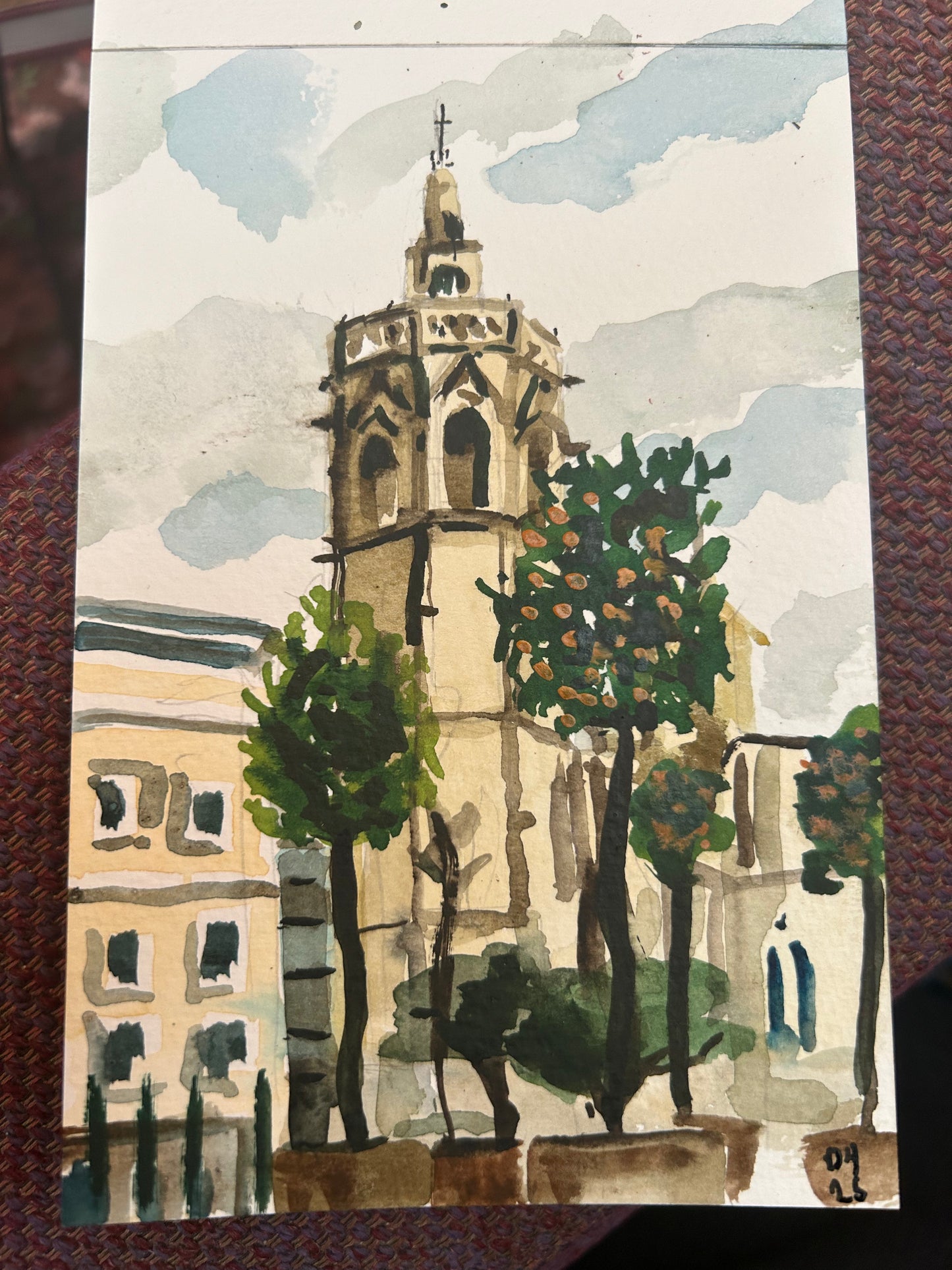 Valencia cathedral from Placa De La Reina. Postcard painting.
