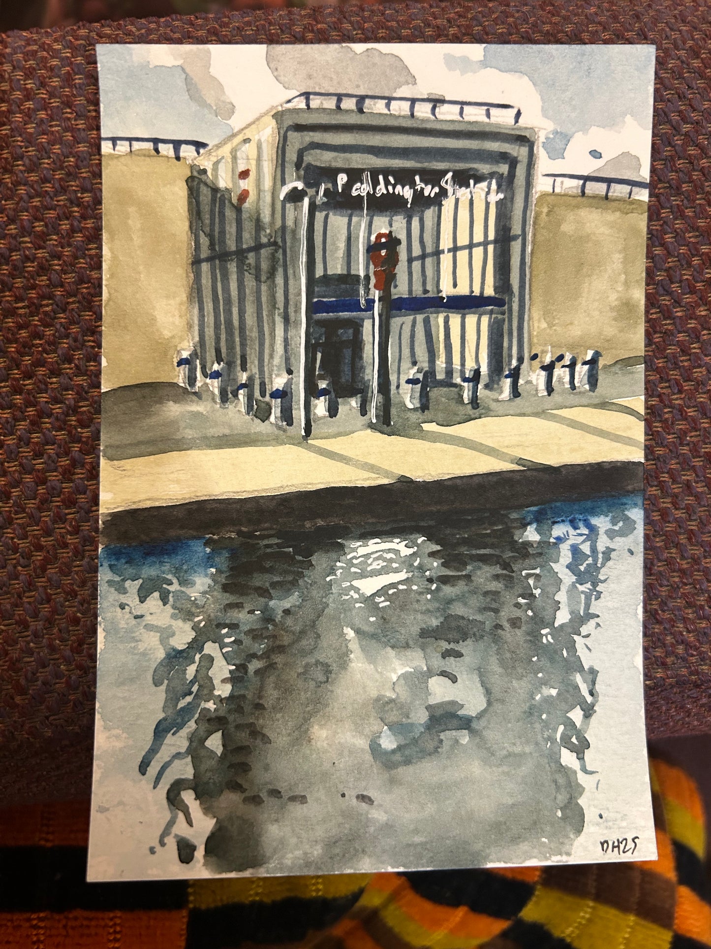 Paddington Tube Station. Circle and Hammersmith and City lines. London. Postcard painting. Watercolour.
