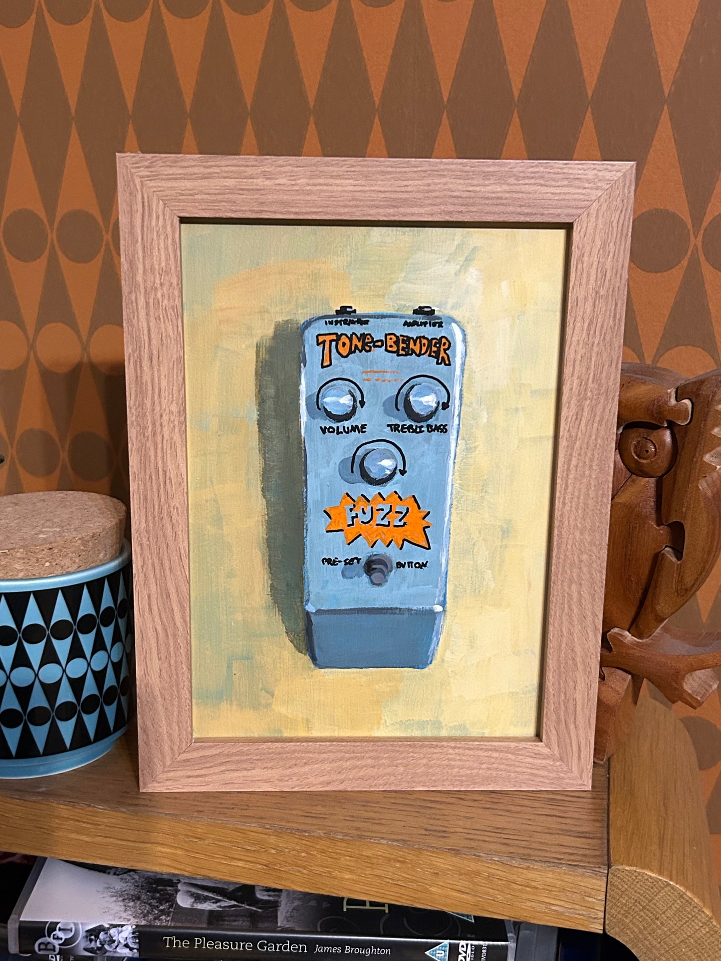 Tone Bender. Painting of guitar effects pedal. Acrylic on board. Framed. 2025
