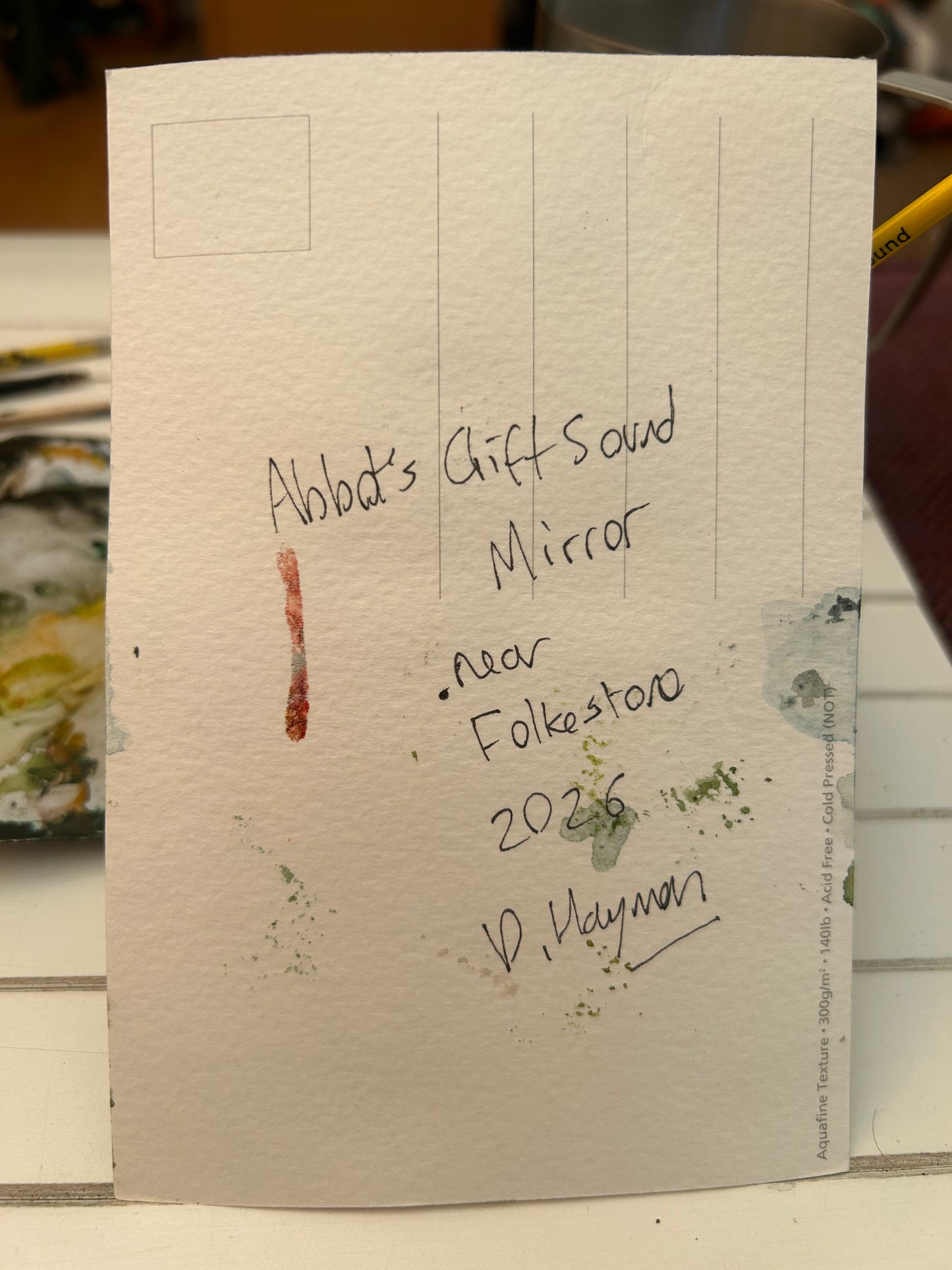 Abbot’s Cliff Sound Mirror, near Folkestone, Kent. Postcard Painting. watercolour.