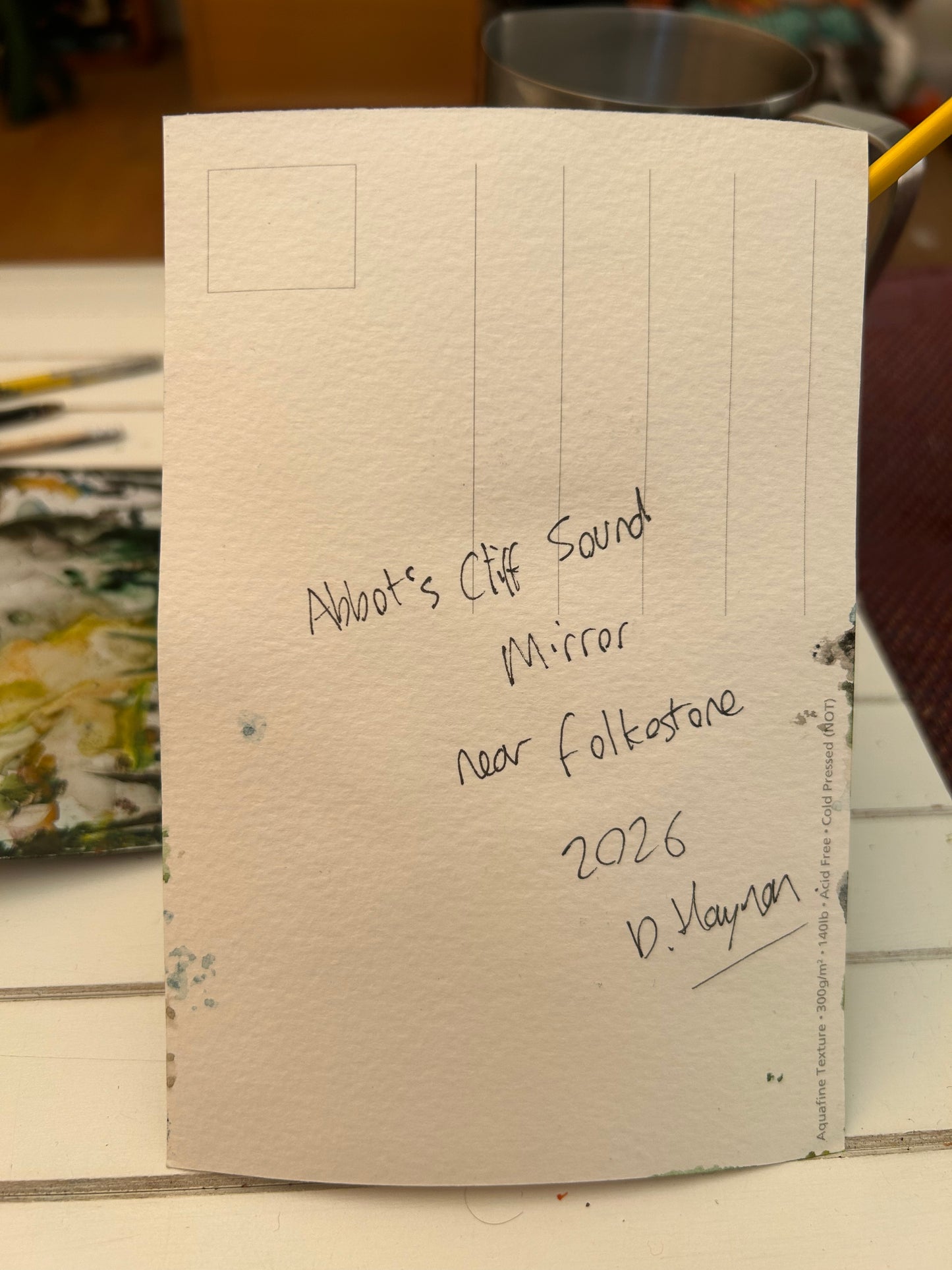 Abbot’s Cliff Sound Mirror, near Folkestone, Kent. Postcard Painting. watercolour.