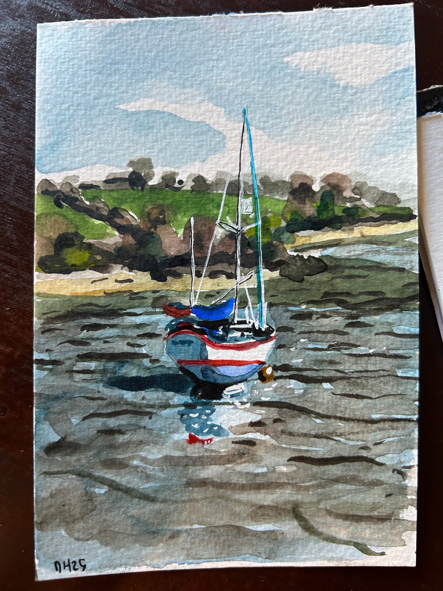 Low tide at Penryn, Cornwall. Postcard painting.