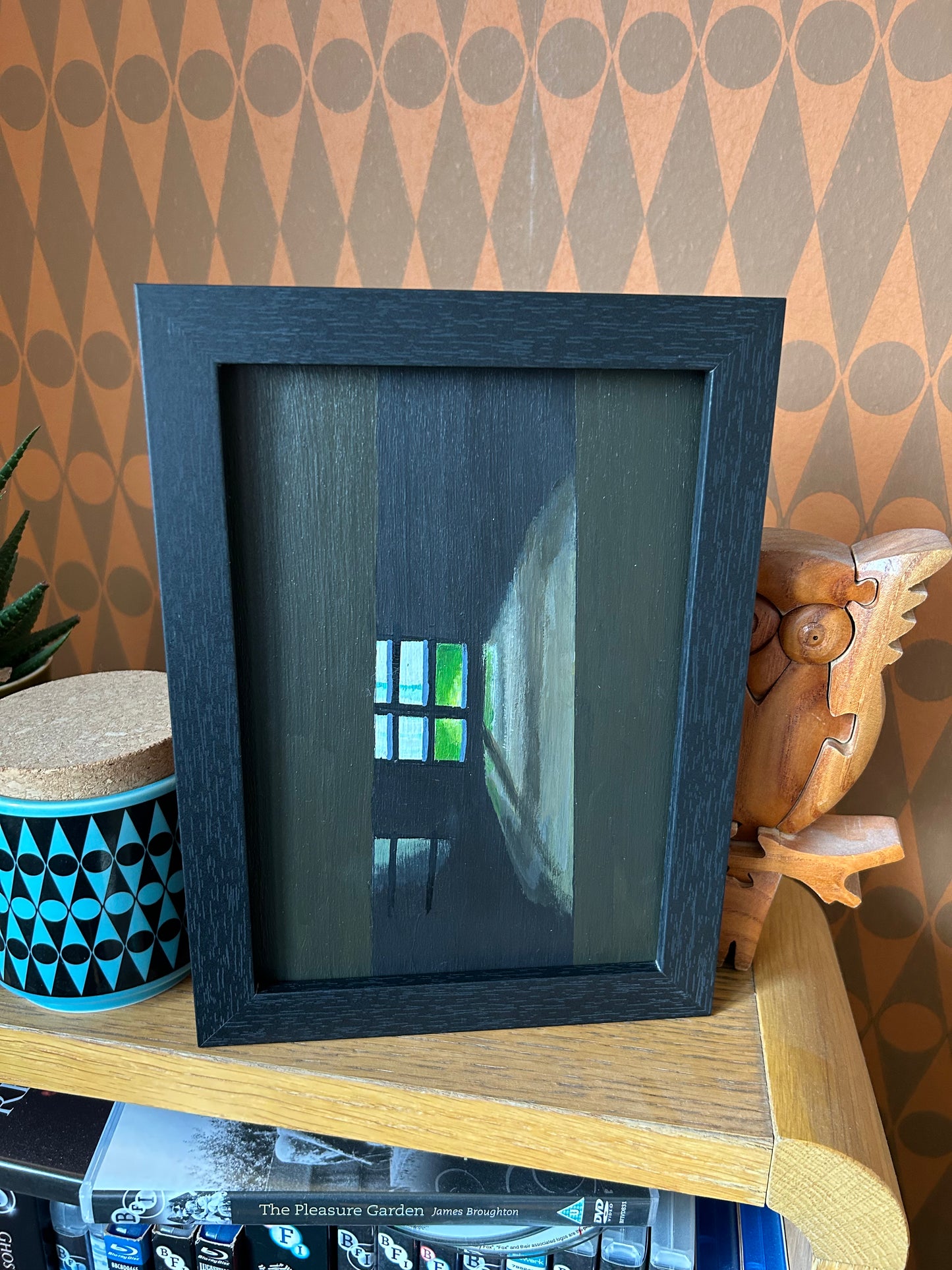 ‘I didn’t mean to burn you’ A5 night painting. Acrylic on board. Framed. 2025 18