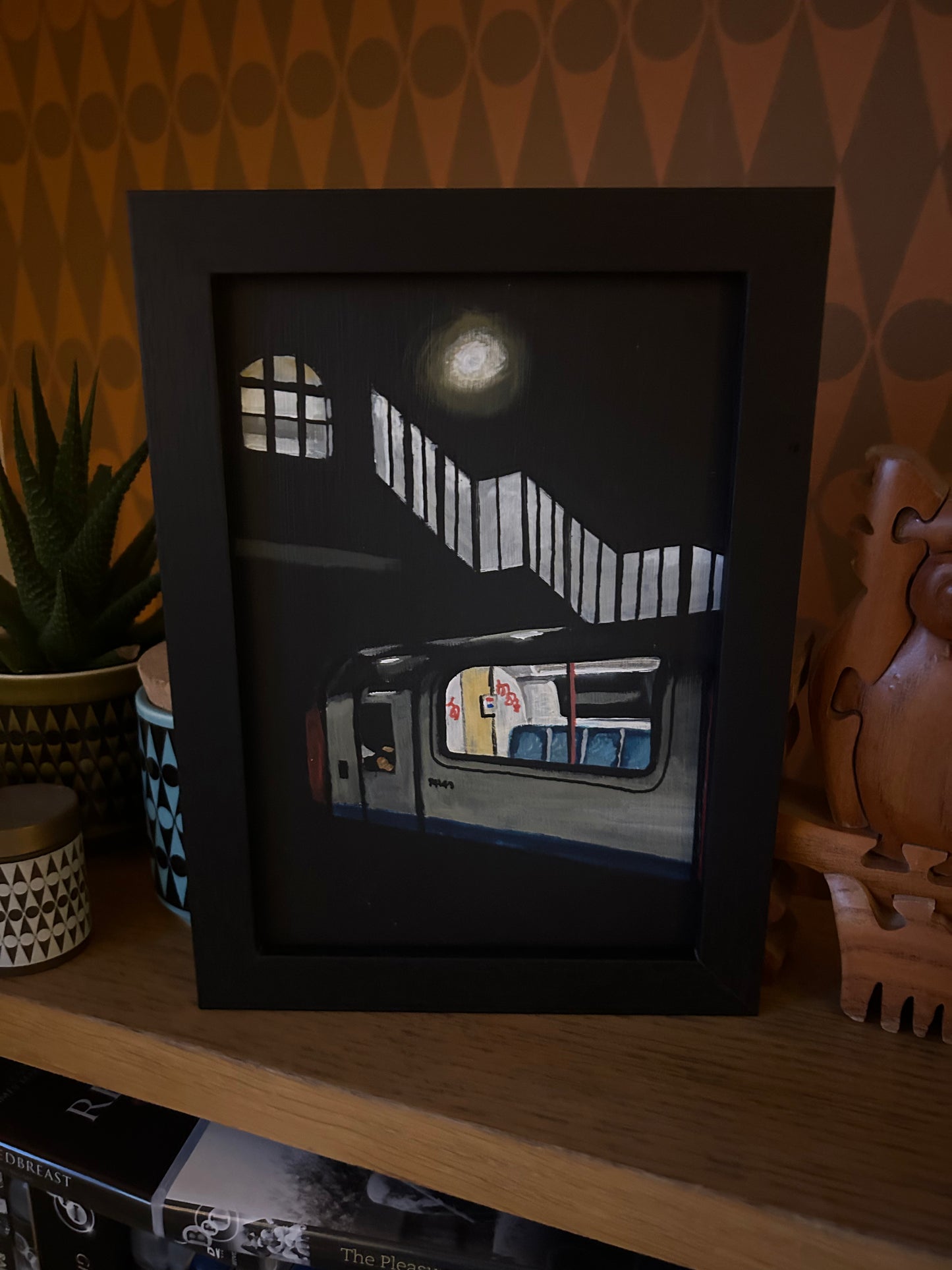 ‘Whatever keeps us safe’ A5 night painting of Leyton Underground Station. Acrylic on board. Framed. 2025 19