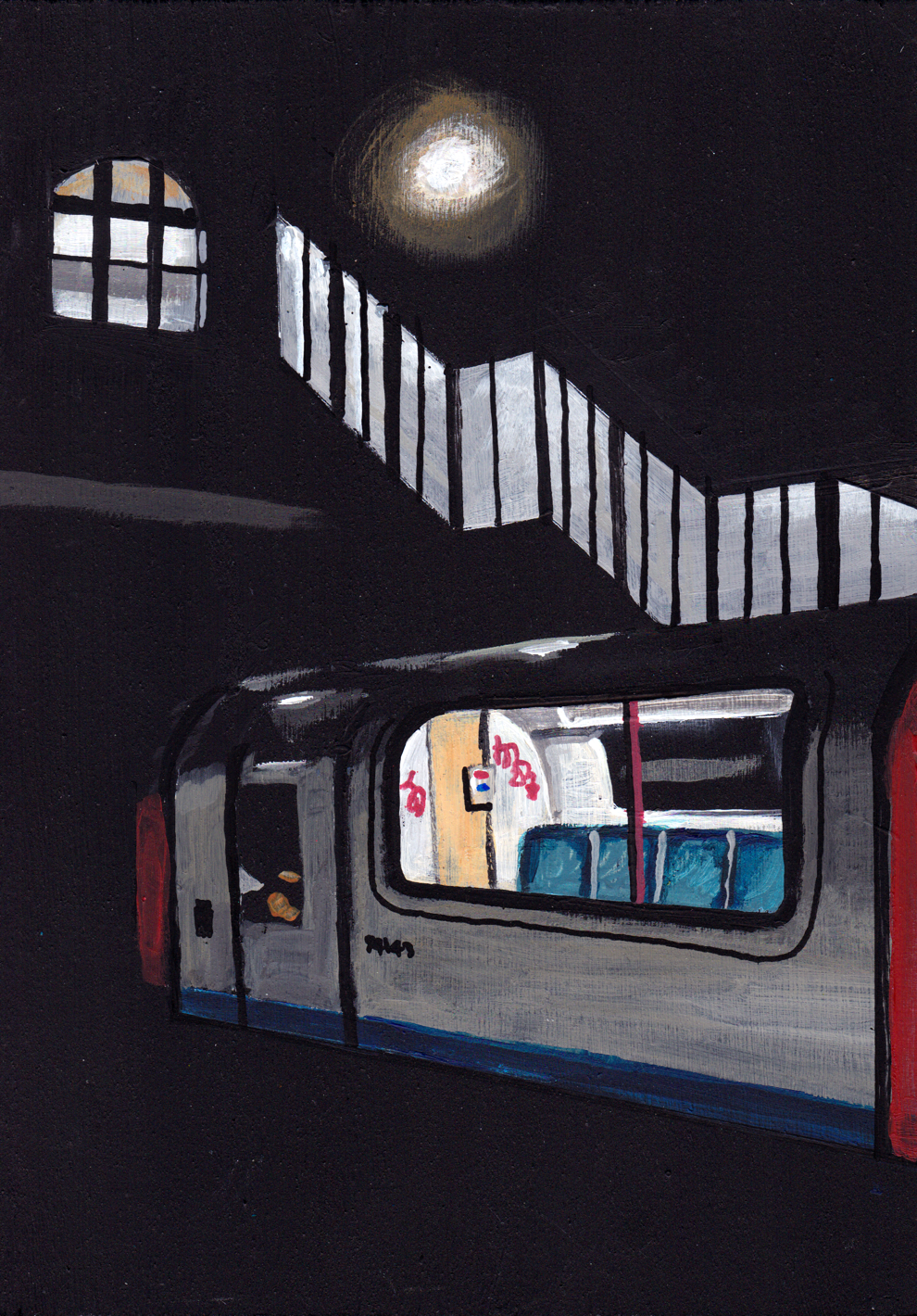‘Whatever keeps us safe’ A5 night painting of Leyton Underground Station. Acrylic on board. Framed. 2025 19