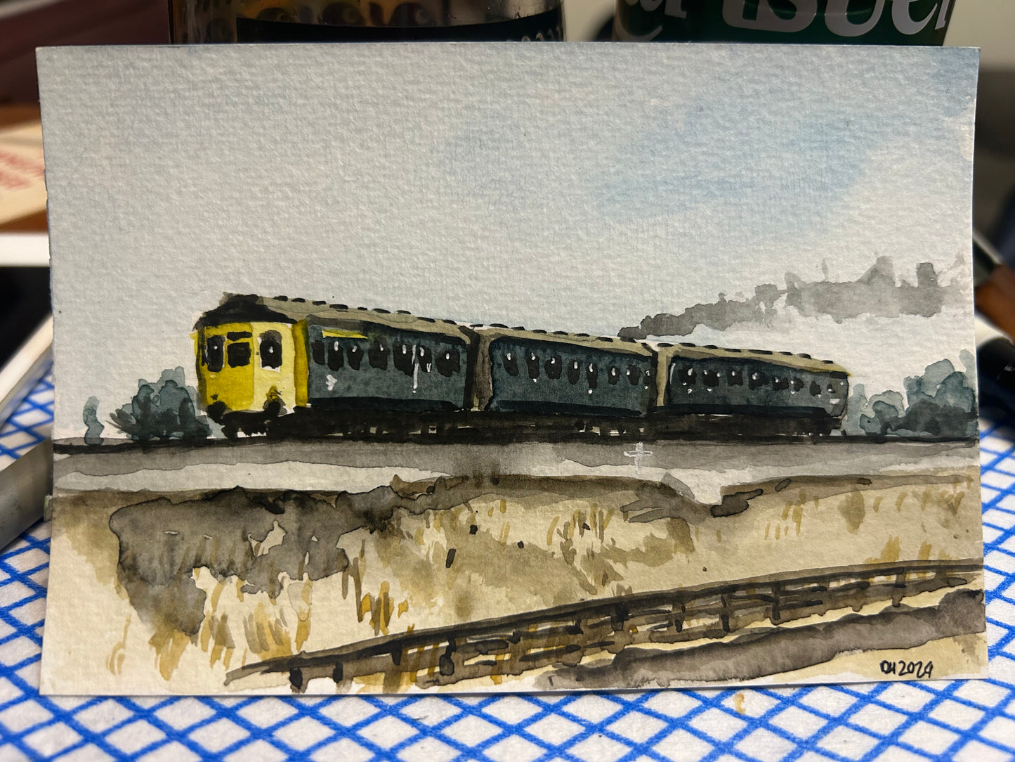 Postcard painting two class 110 DMU train. Watercolour.