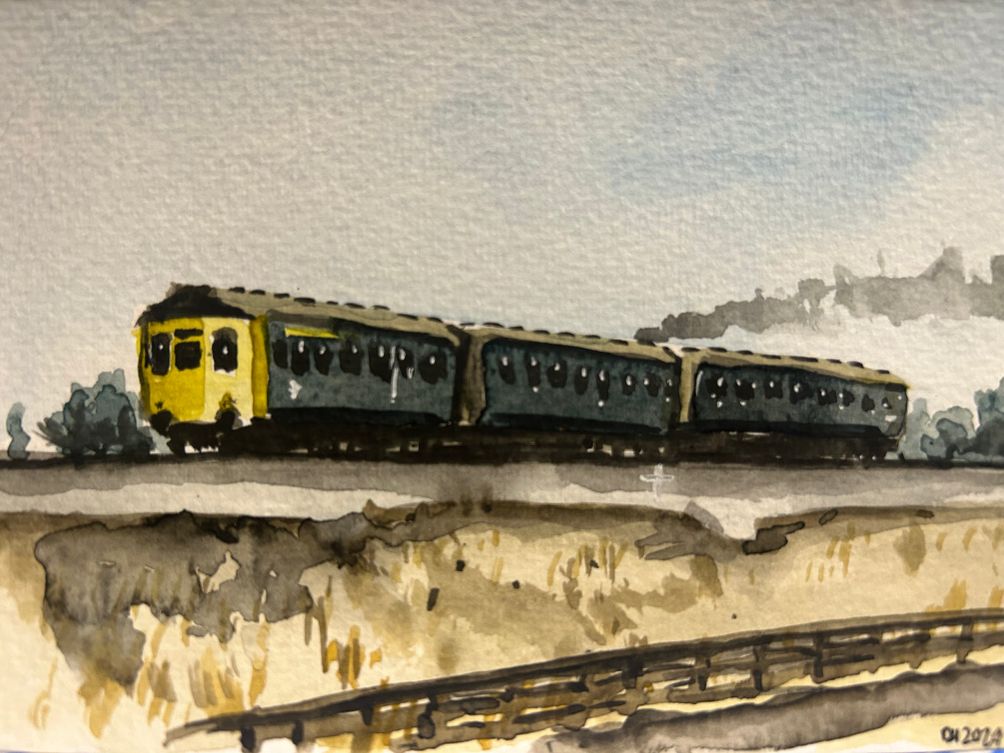 Postcard painting two class 110 DMU train. Watercolour.