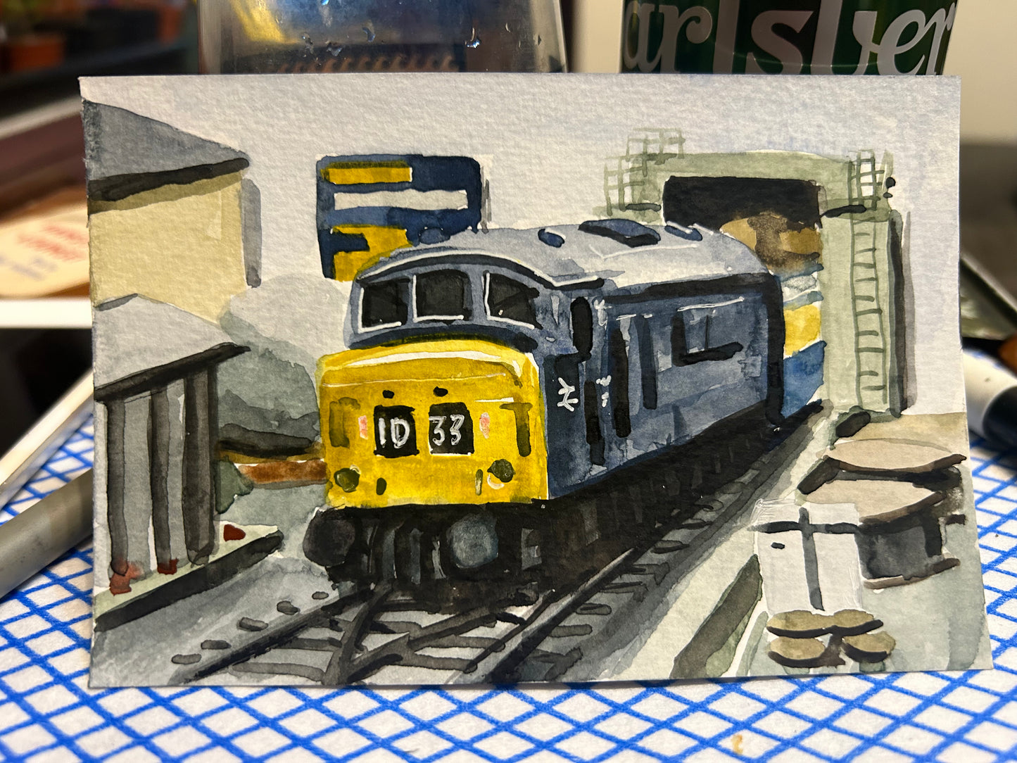 Postcard painting of a model diesel Class 45 diesel train.