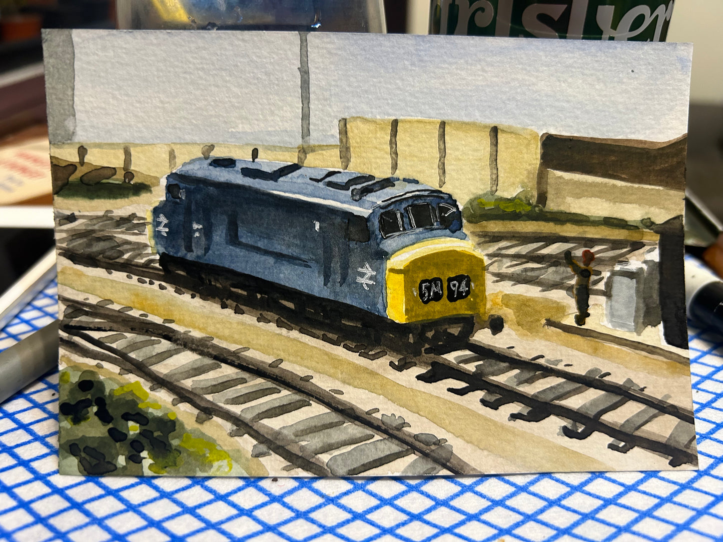 Postcard painting of a model diesel Class 45 diesel train.