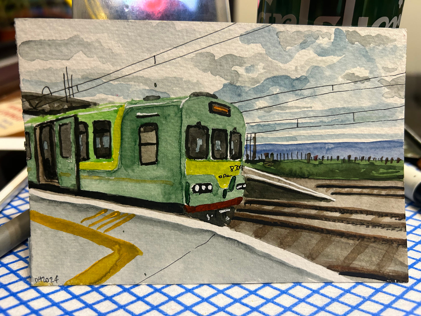Postcard painting of the Dart Train at Greystones, Ireland